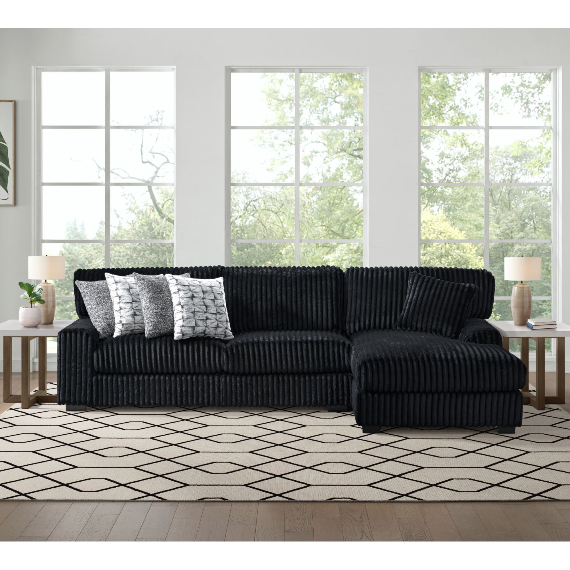 Nightfall - 2 Piece Sectional Set With RHF Chaise 1 Pillow - Grand Cord Black