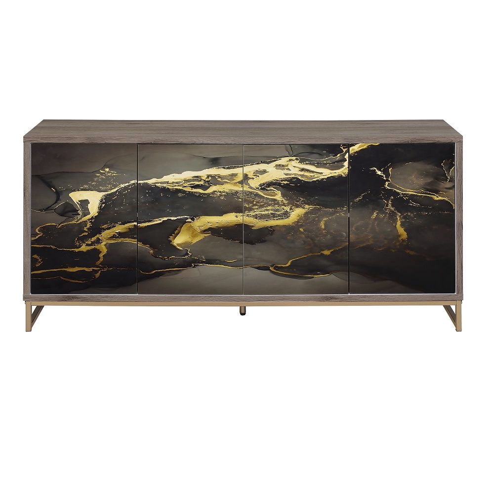 Payo - Console Cabinet - Black Marble Print Oak & Champagne, black