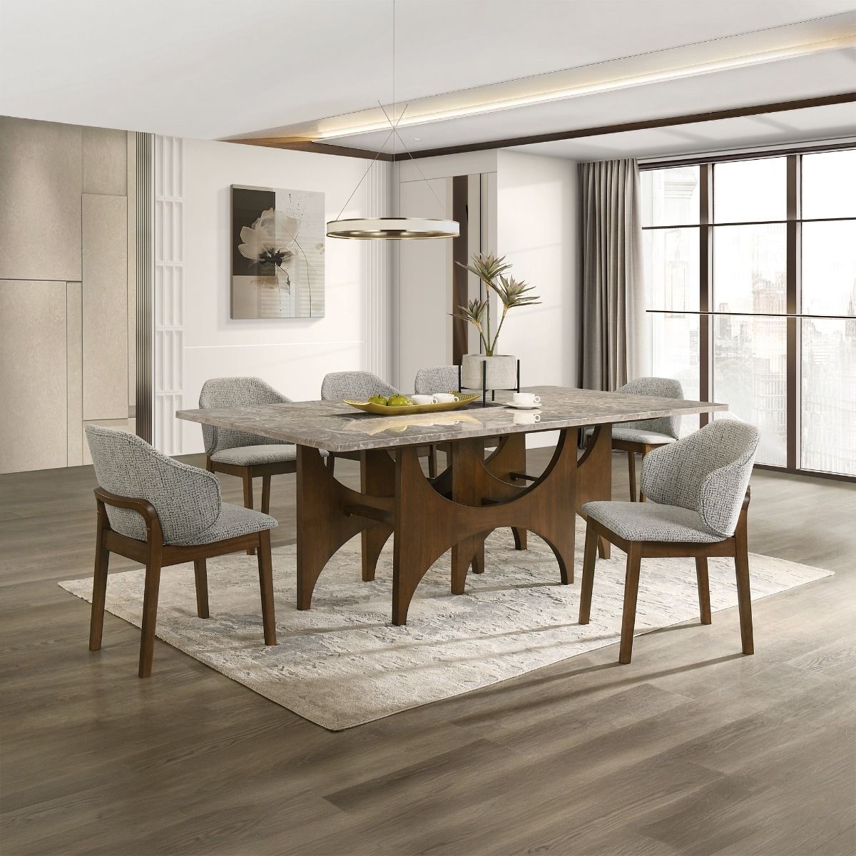 Oleia - Dining Table With Engineered Marble - Natural Marble & Walnut, gray