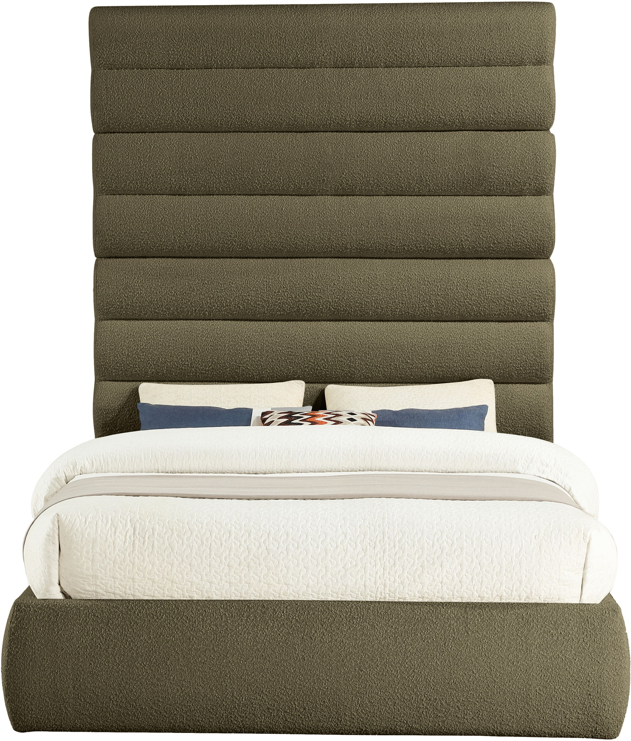 Adam - Boucle Fabric Queen Bed With 89" Headboard - Olive