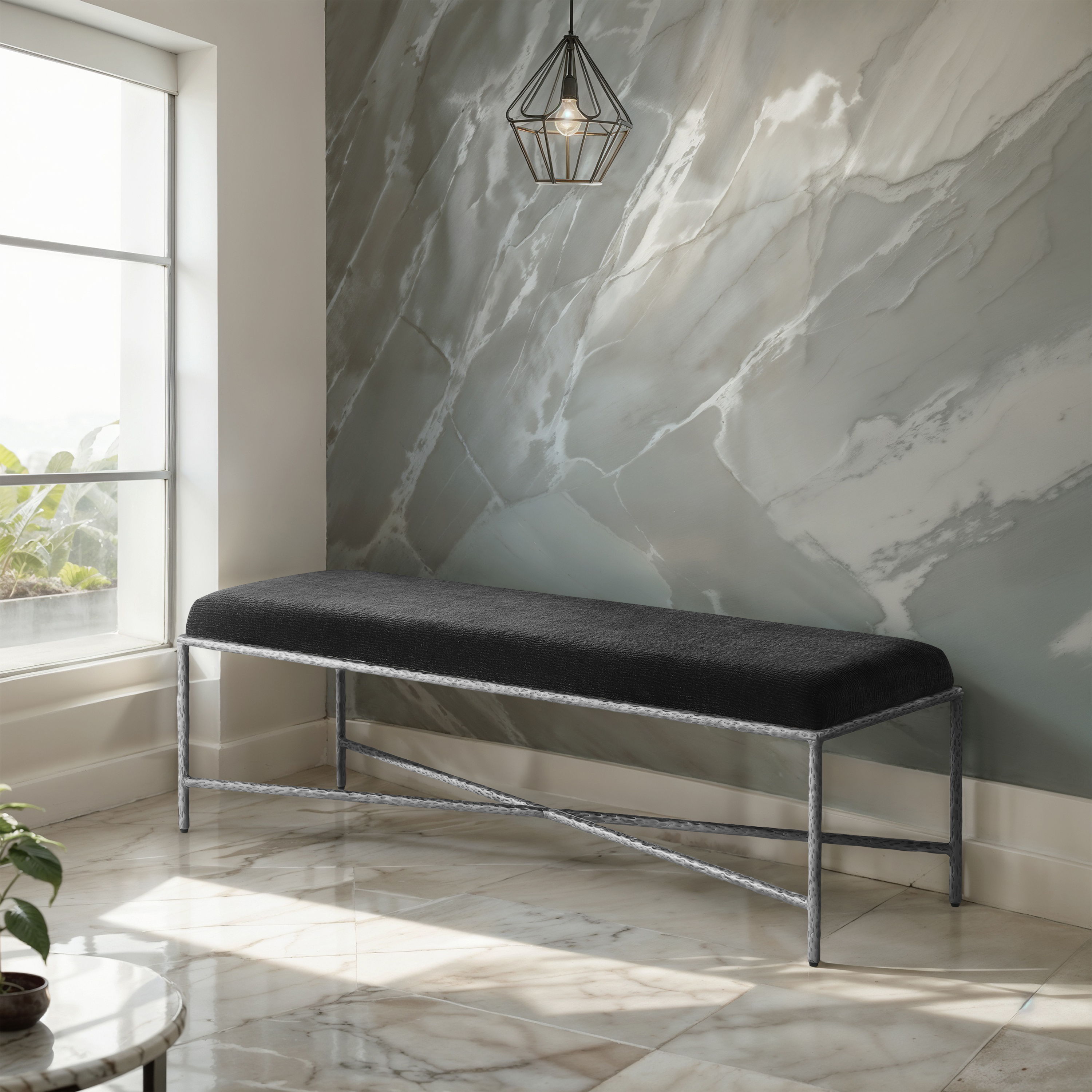 Valley - 54" Bench With Silver Frame - Black