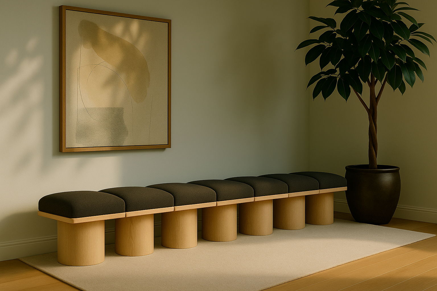 Pavilion - 126" 7 Piece Modular Bench With Natural Base - Brown