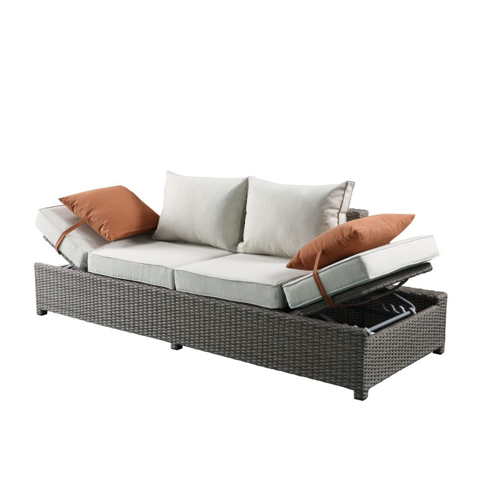 Salena - Patio Sofa With 2 Pillows & Ottoman - Beige Fabric & Gray Wicker, beige, view 3
