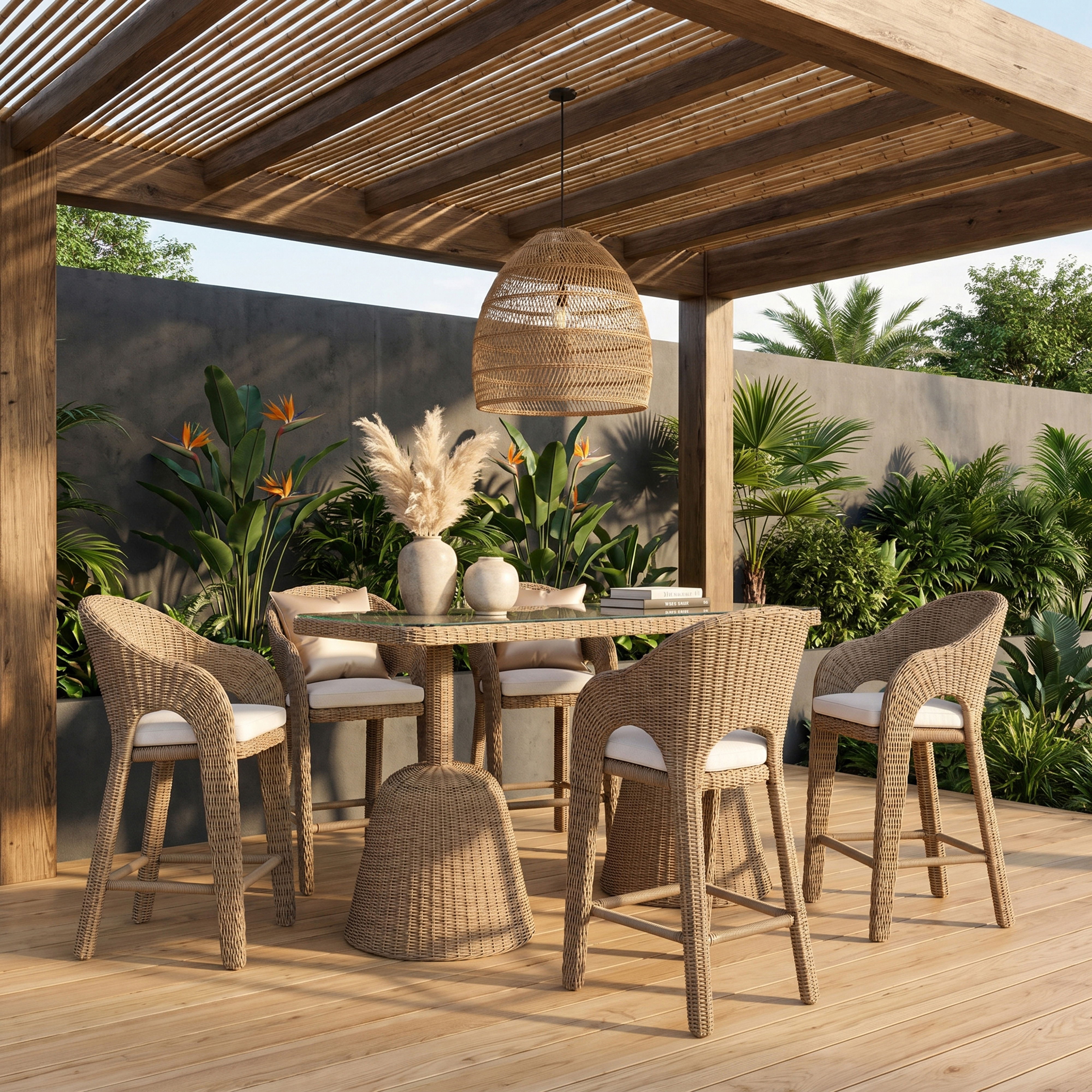 Seacrest - 60" Tempered Glass Top And Wicker Outdoor Patio Bar Height Table - Natural
