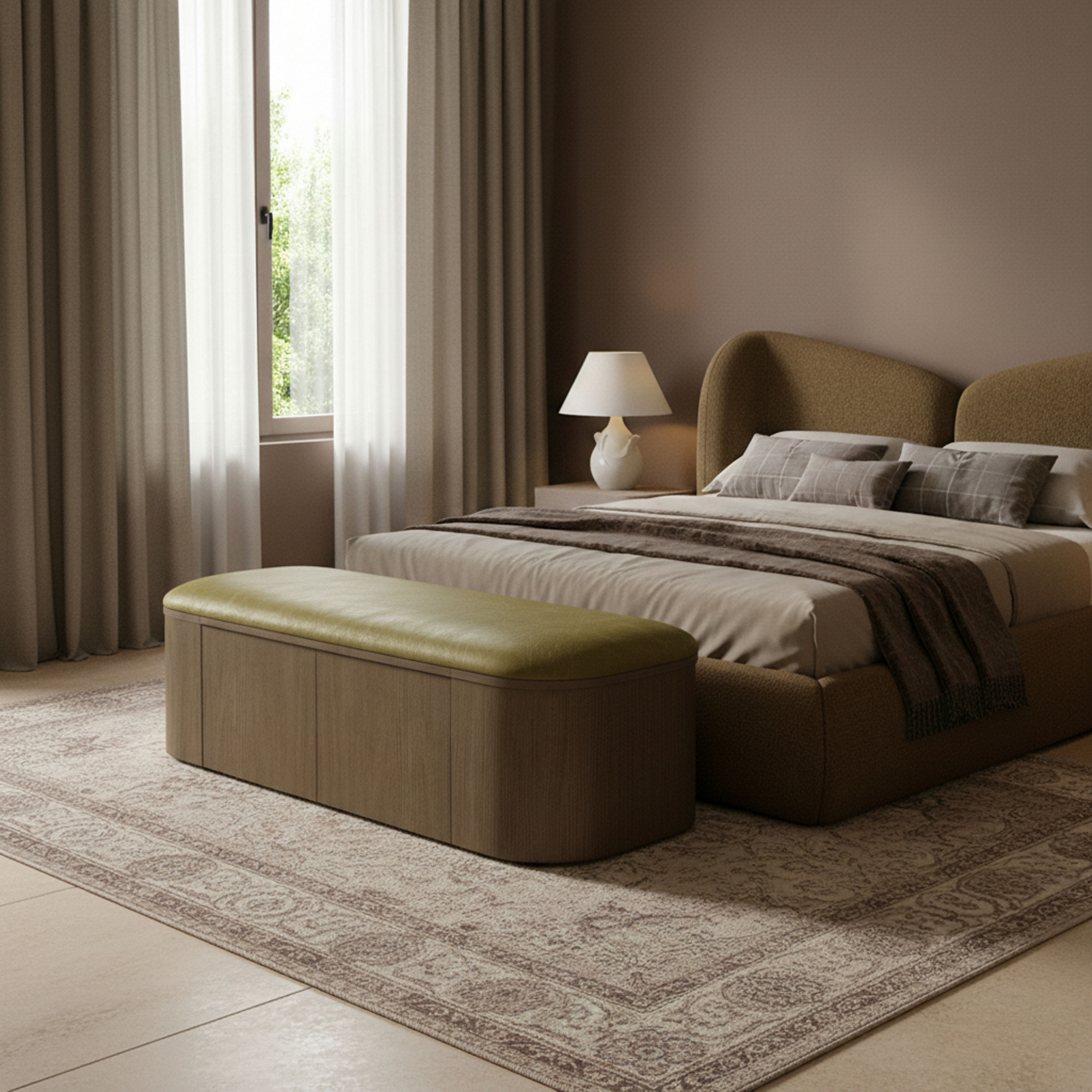 Velden - Vegan Leather Upholstered Storage Bench - Olive / Stained Brown