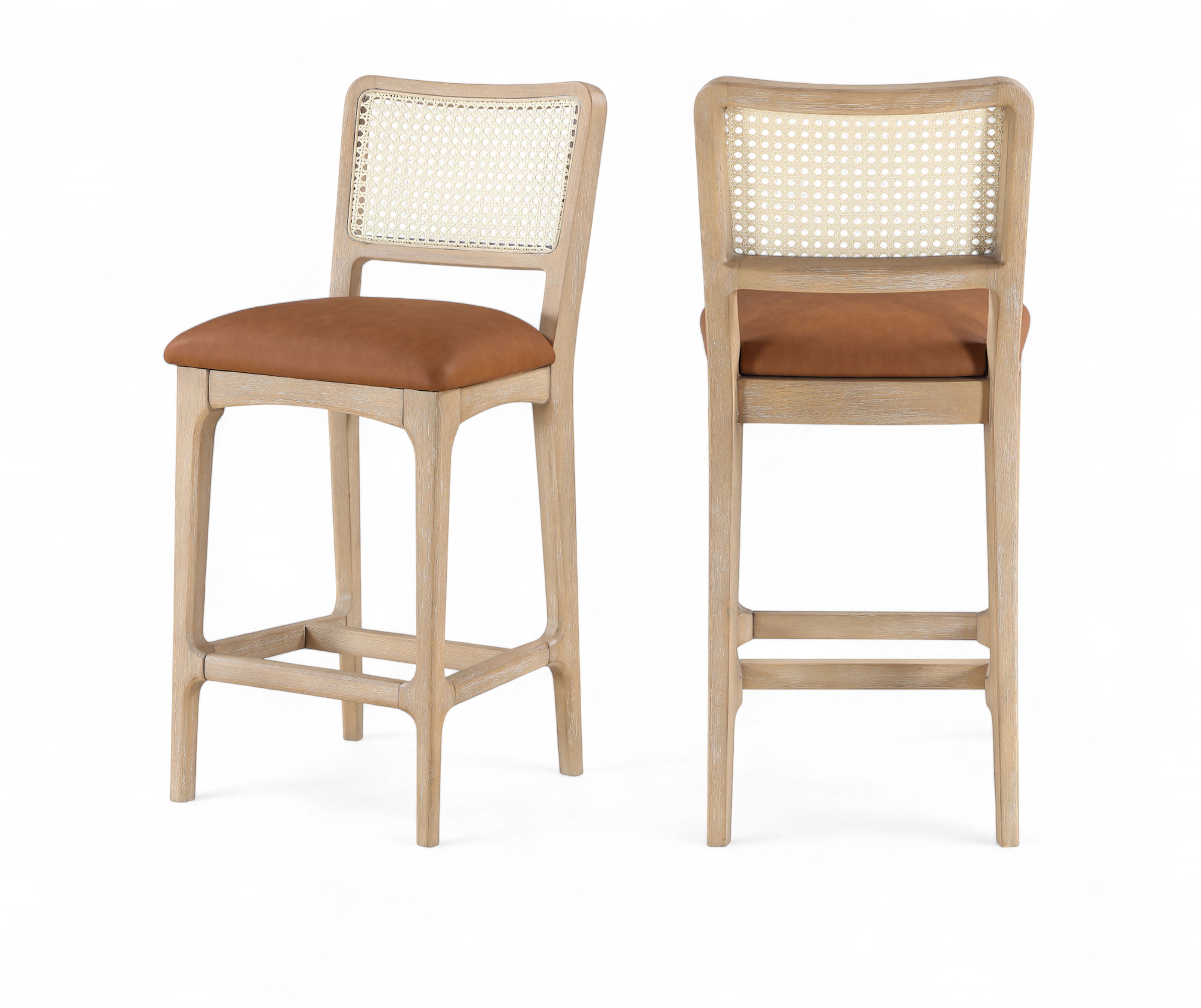 Atrium - Cane Back And Vegan Leather Upholstered Seat Counter Stool (Set of 2) - Cognac / Brushed Natural