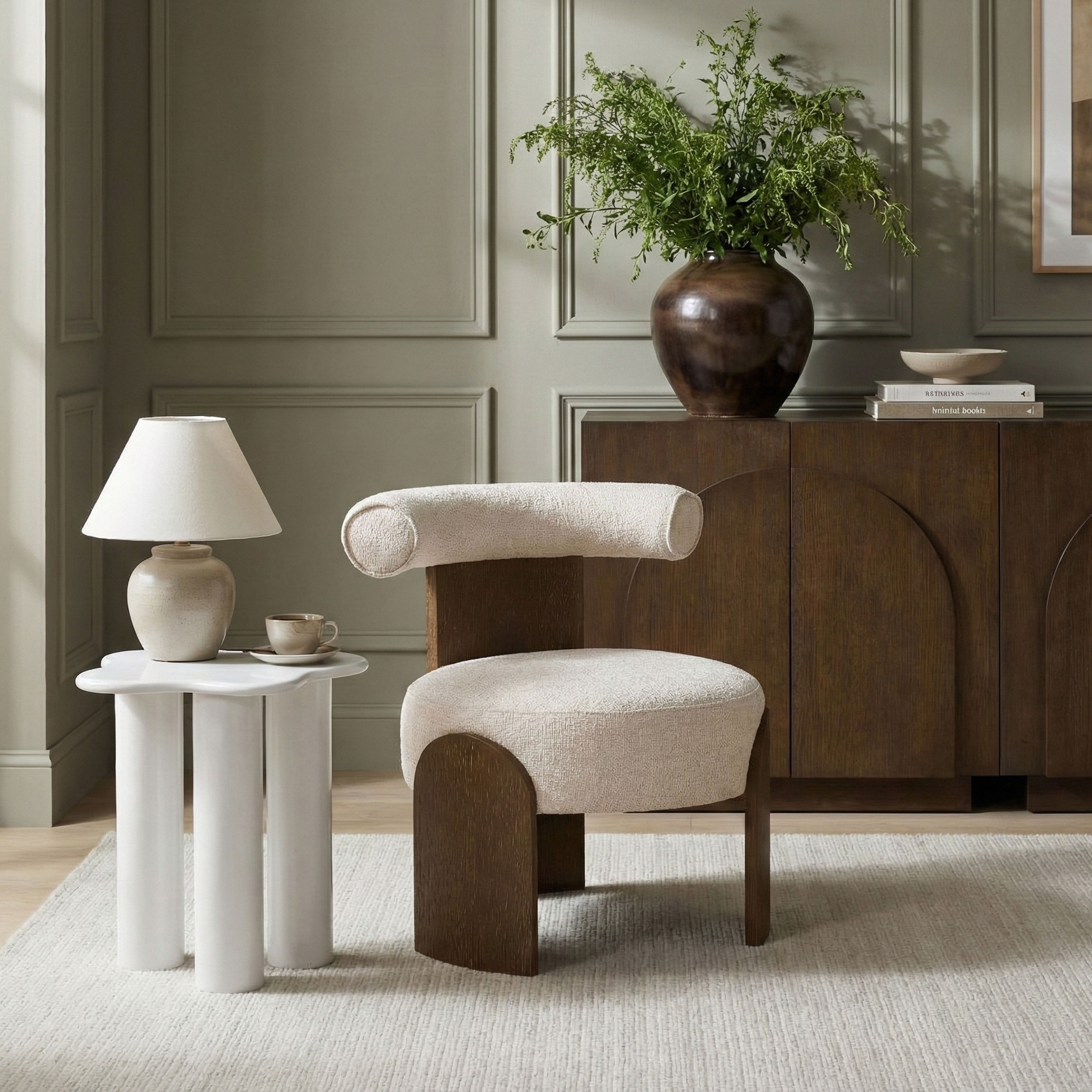 Calder - Linen Textured Fabric Upholstered Accent Chair - Beige / Painted Brown