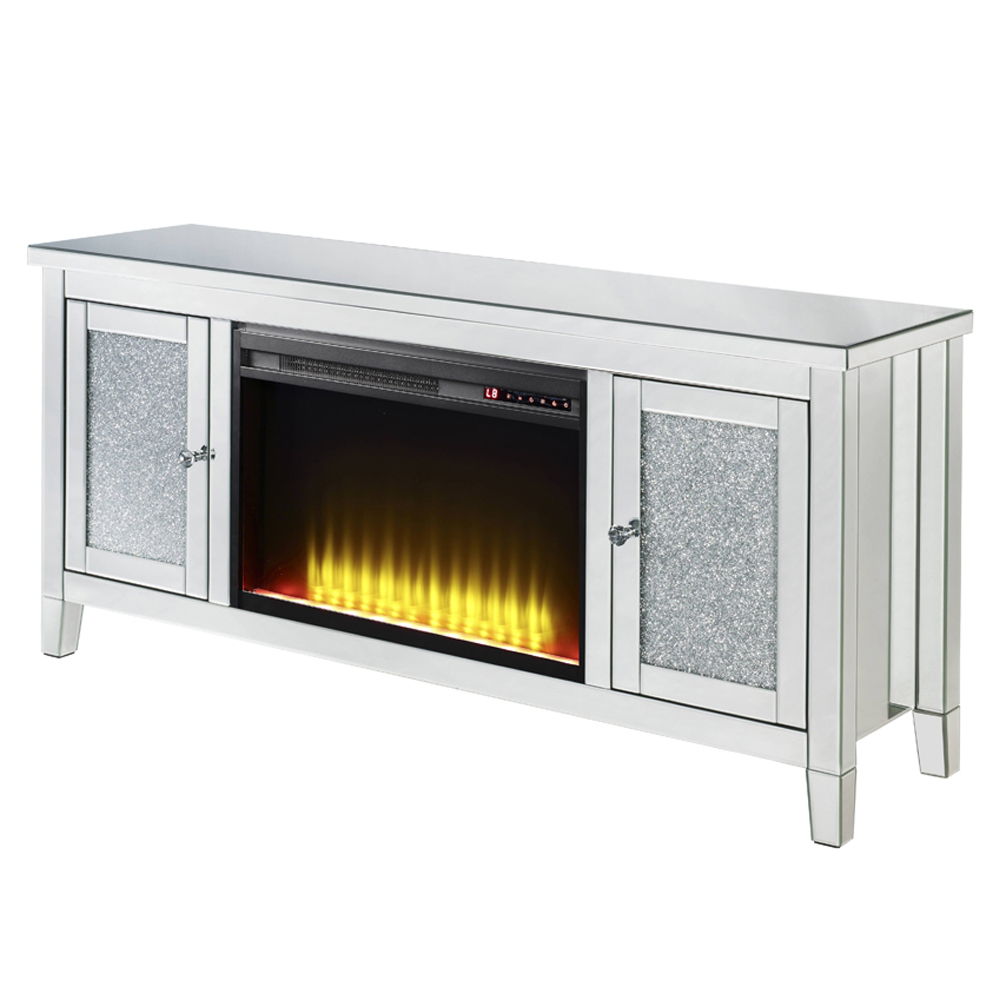 Noralie - 59" X 16" TV Stand With Fireplace - Mirrored & Faux Diamonds, silver