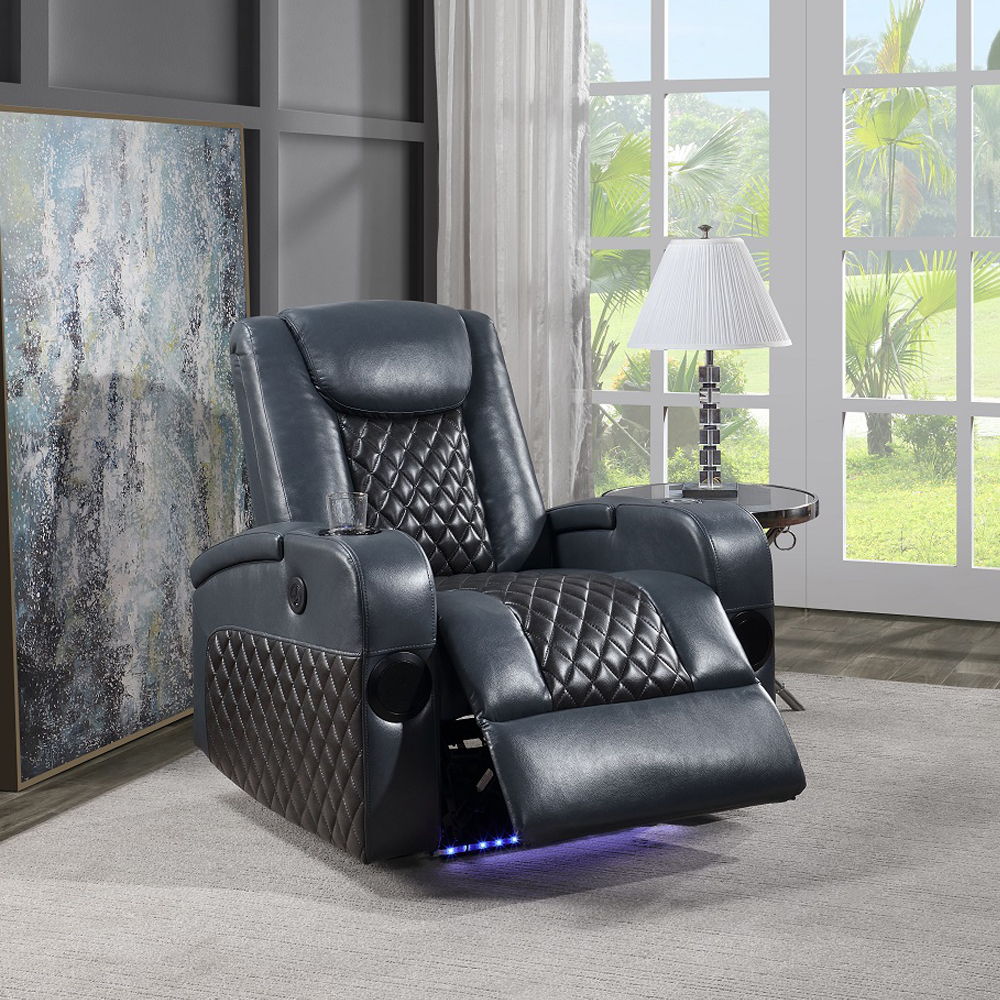 Alair - Power Motion Recliner With Bluetooth, Wireless Charger & Cupholder - Blue & Black Leather Aire, blue