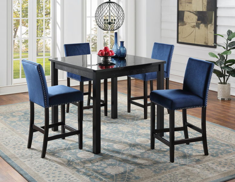 D206 - 5 Piece Dining Room Set (Marble Dining Table, 4 Velvet Chairs) - Blue