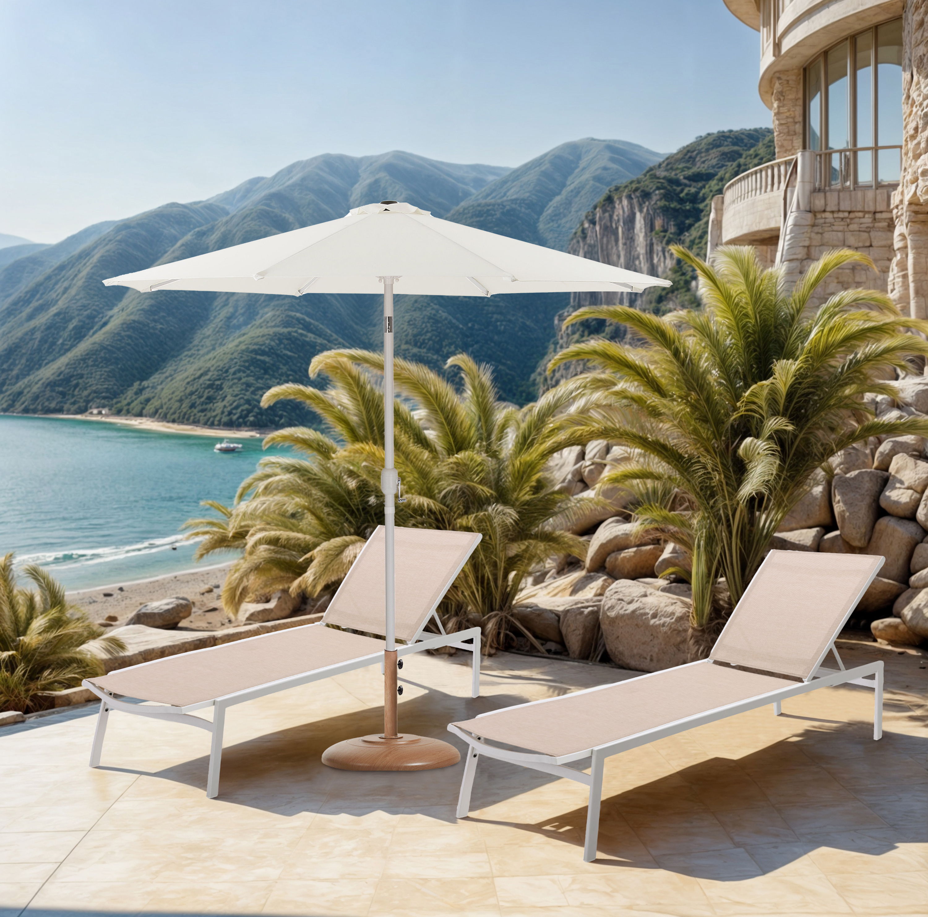 Fiji - Aluminum Patio Umbrella With Round Teak And White Base - White