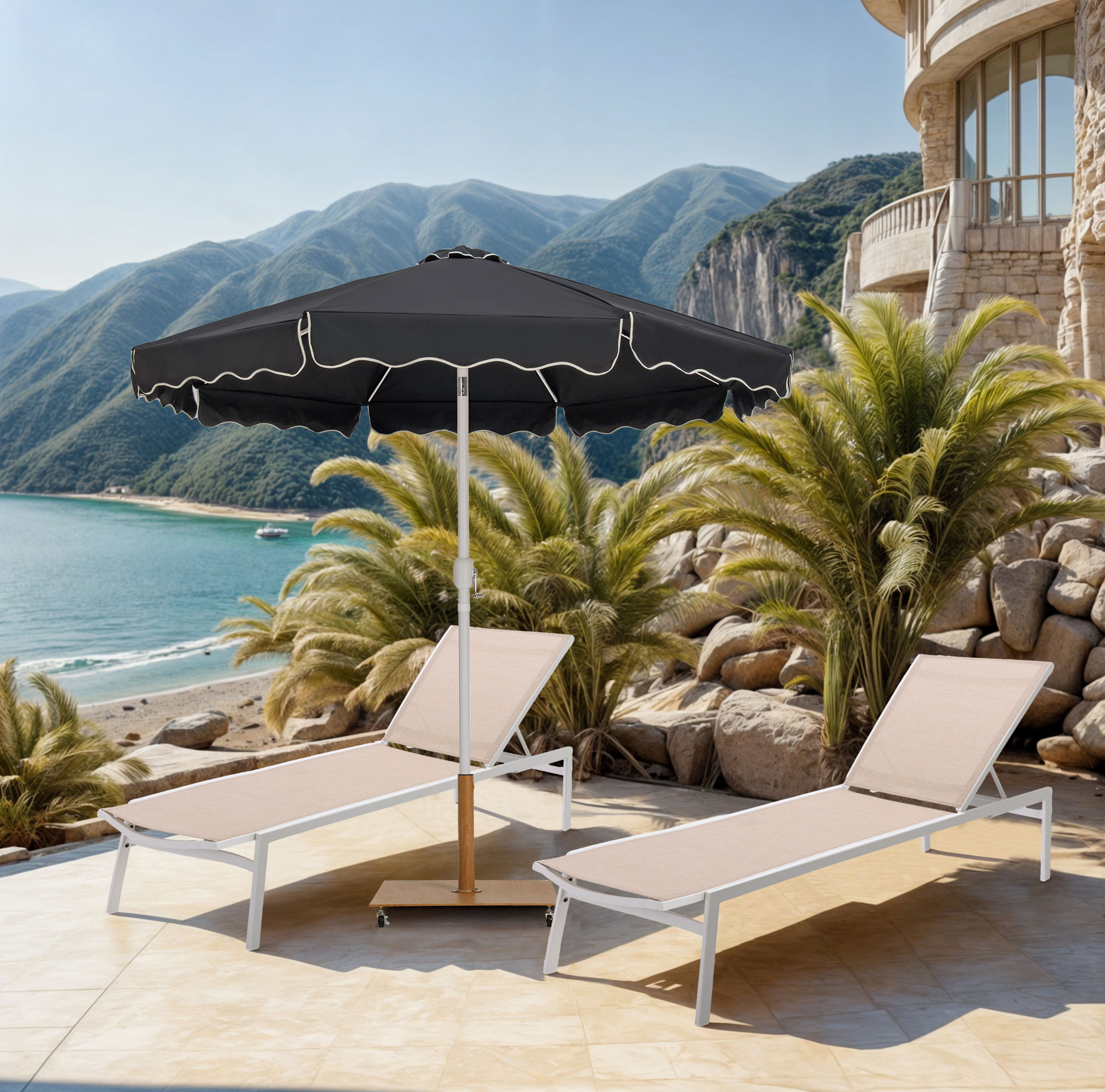 Amalfi - With Cream Piping Aluminum Patio Umbrella with Base Fabric - Black / Teak