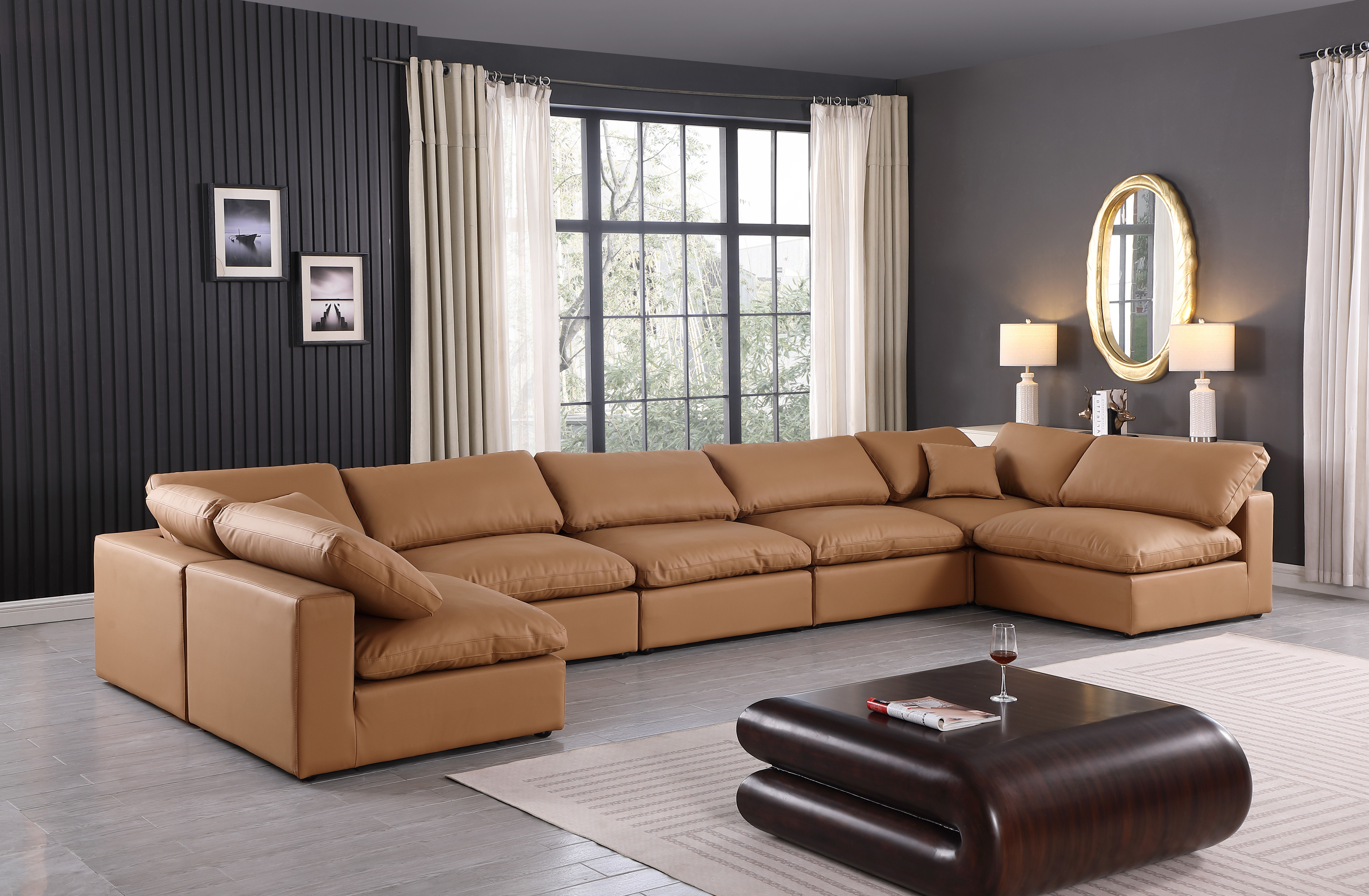 Comfy - 7 Piece Faux Leather Modular Armless Sectional - Cognac