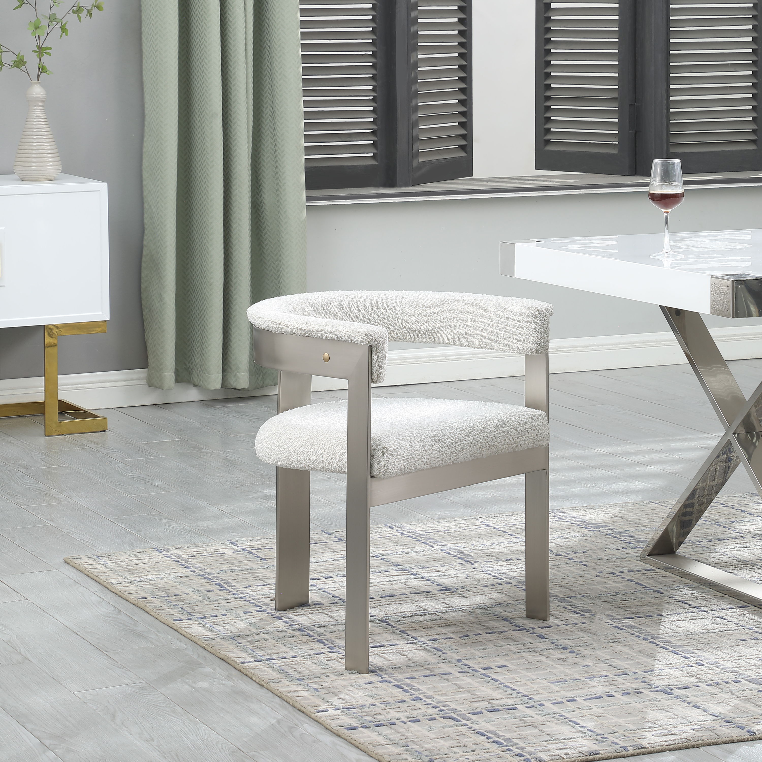 Romeo - Boucle Dining Chair With Silver Base (Set of 2) - Cream