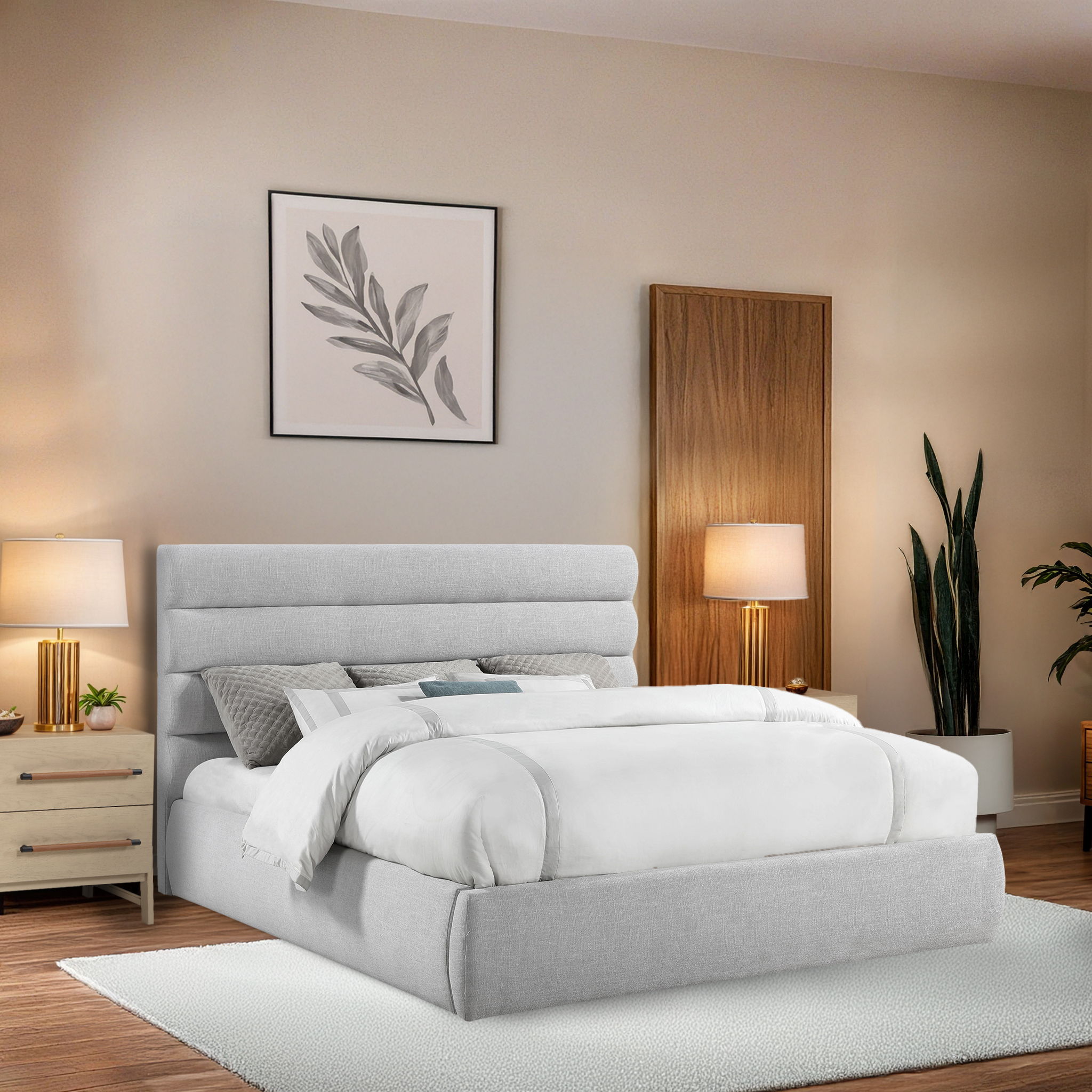 Adam - Linen Fabric King Bed With 52" Headboard - Gray