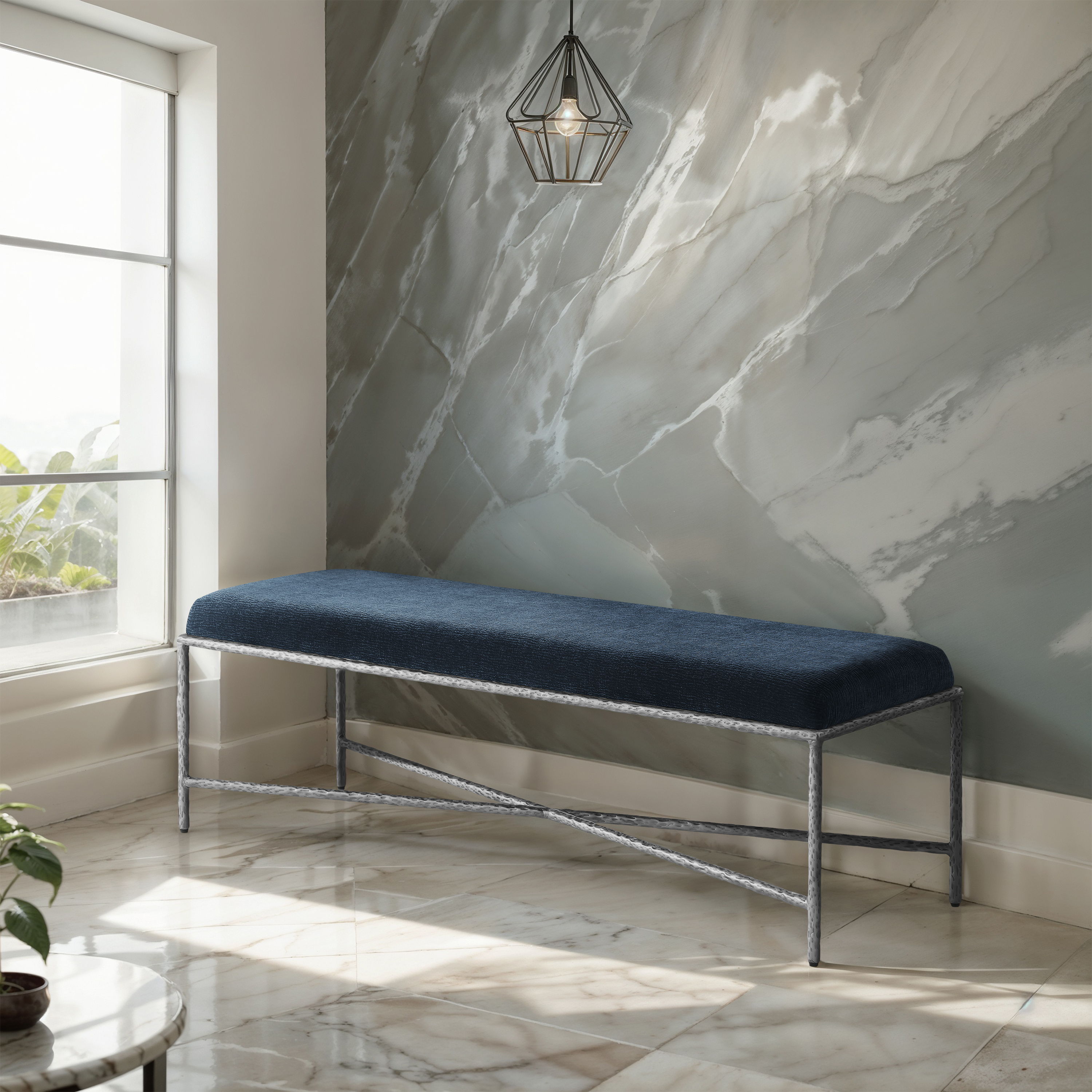 Valley - 54" Bench With Silver Frame - Navy