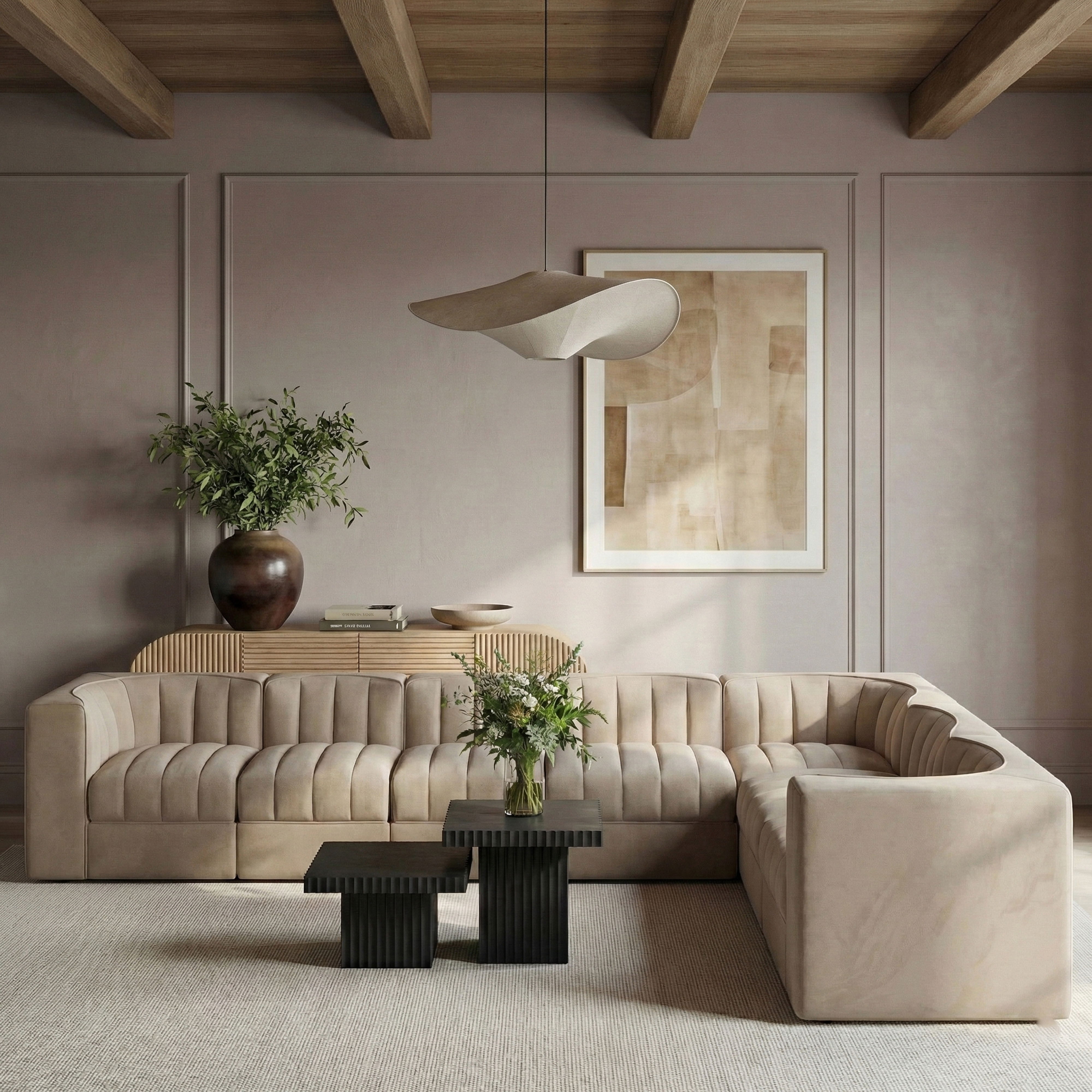 Rummi - Velvet Performance Fabric Upholstered 7 Piece Modular Sectional (With 3 Corner Chairs) - Beige