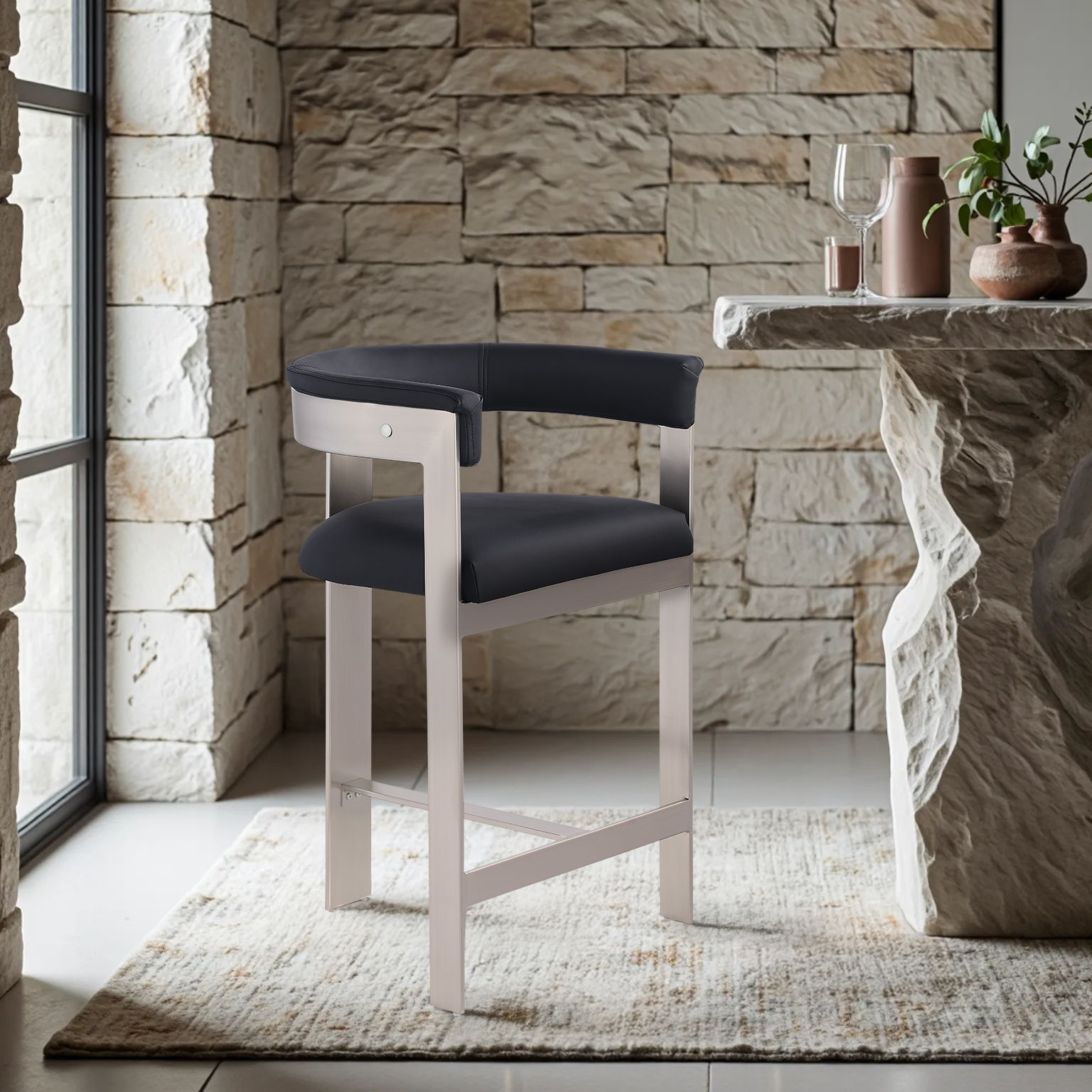 Romeo - Faux Leather Counter Stool With Silver Base (Set of 2) - Black