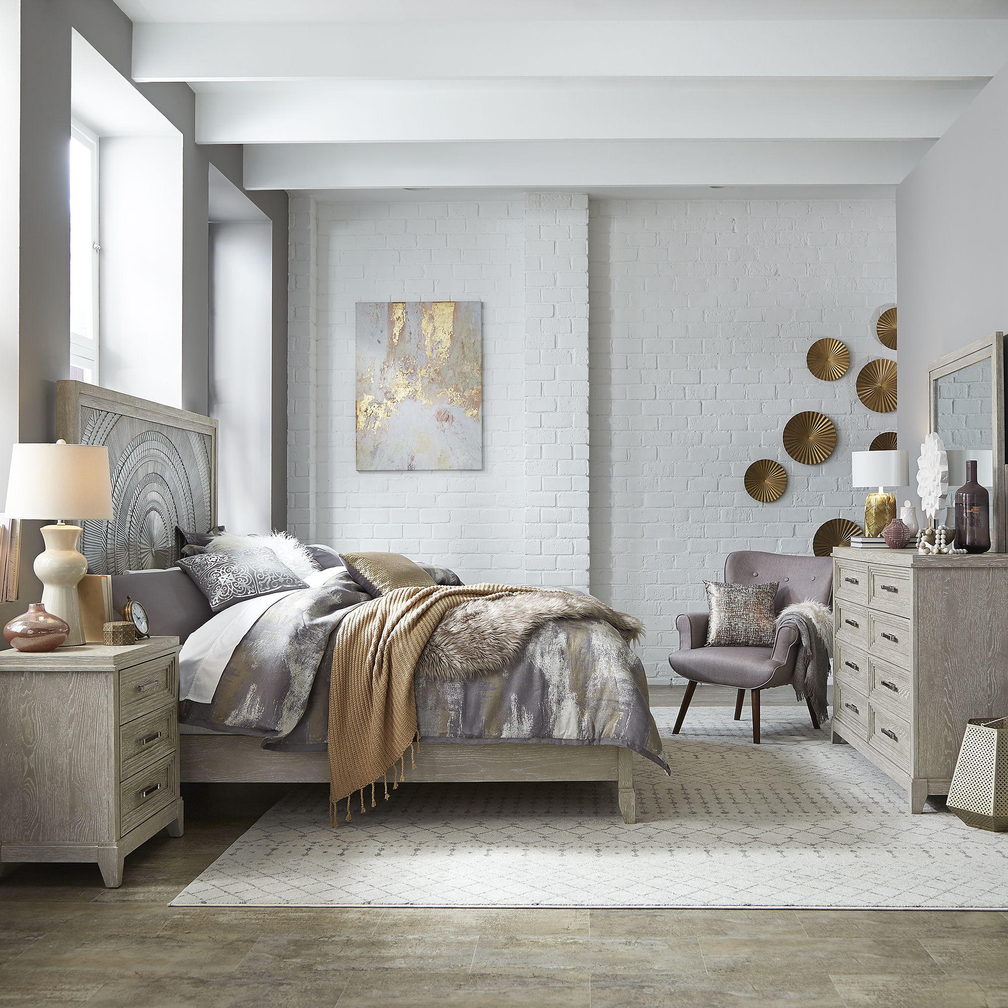 Liberty Furniture Belmar - 4 Piece Bedroom Set (California King Panel Bed, Dresser & Mirror, Nightstand) - Washed Taupe