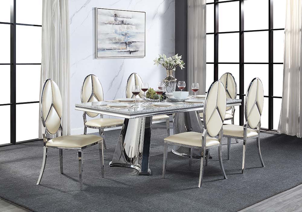 Destry - Dining Table With Engineering Stone Top & Pedestal Base - Engineering Stone Top & Mirrored Silver, silver, view 3