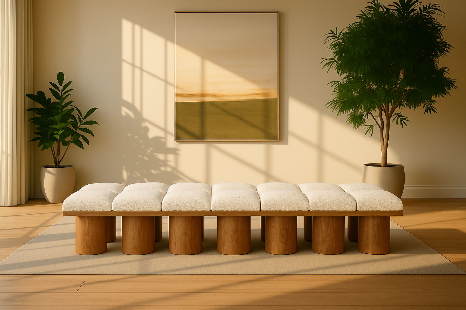 Pavilion - 126" 14 Piece Modular Bench With Brown Base - Cream
