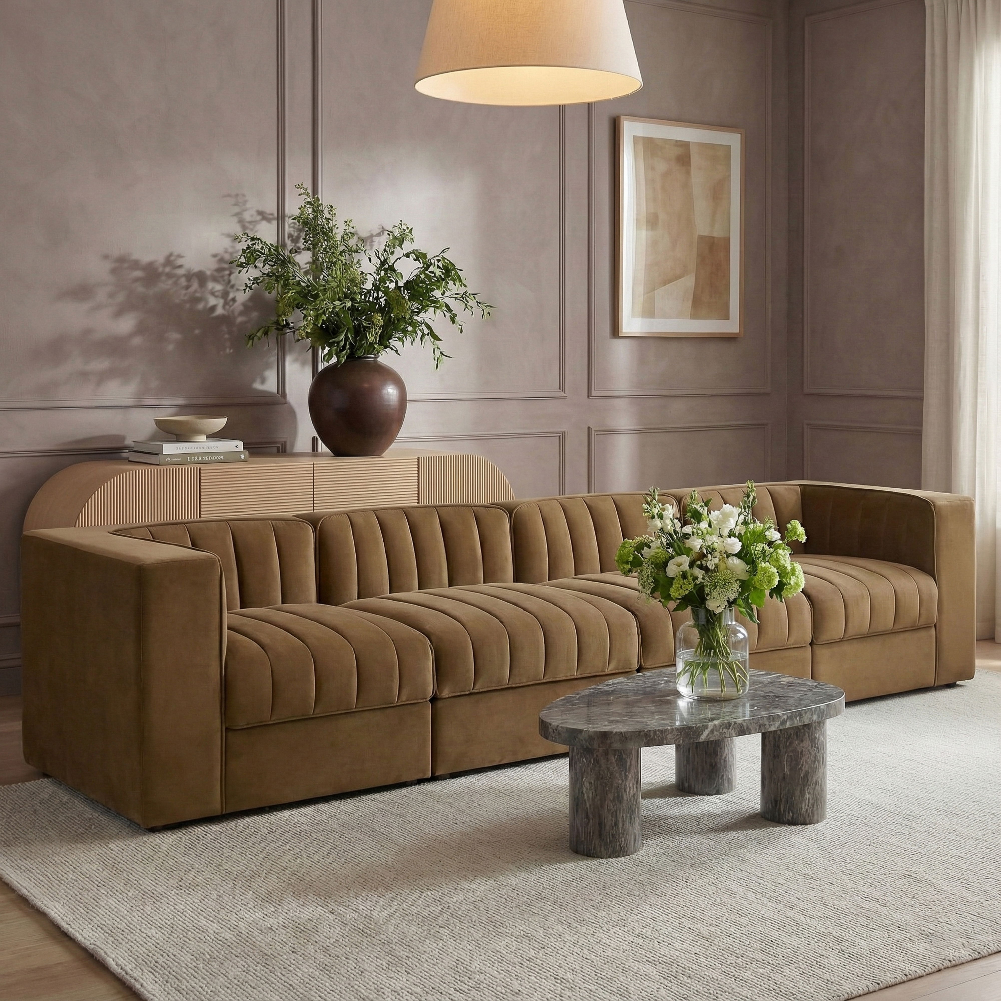 Rummi - Velvet Performance Fabric Upholstered 4 Piece Modular Sofa - Saddle