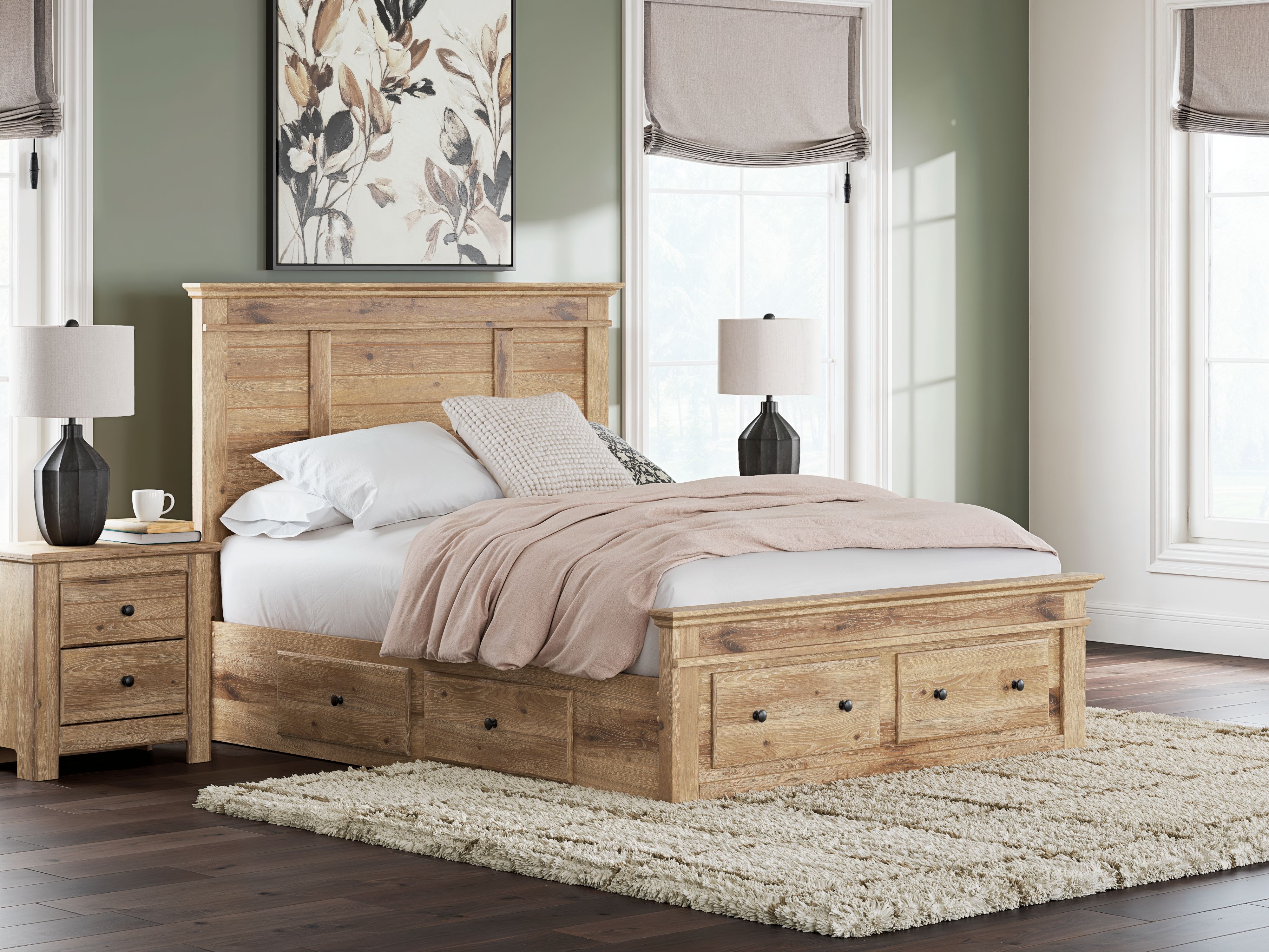 Makidern - Queen Panel Storage Bed With Under Bed Storage Unit And Storage Footboard - Tan