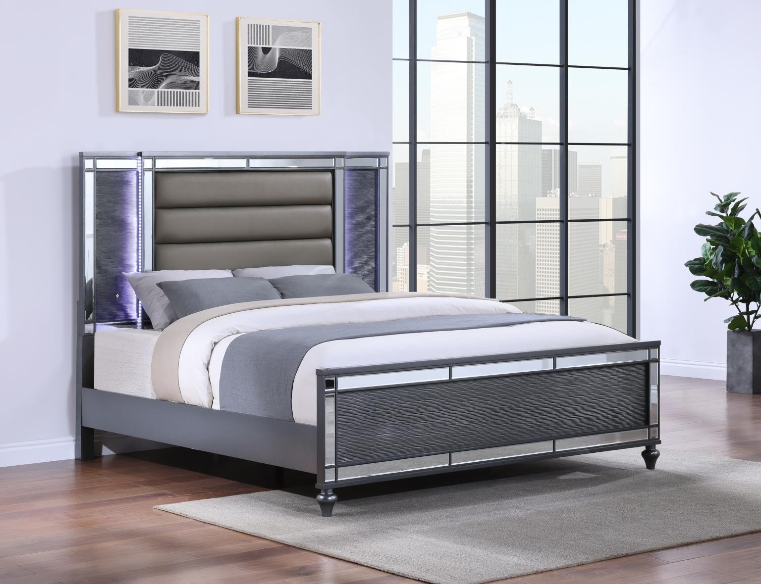 B223 - Queen Bed With LED Light - Charcoal Gloss