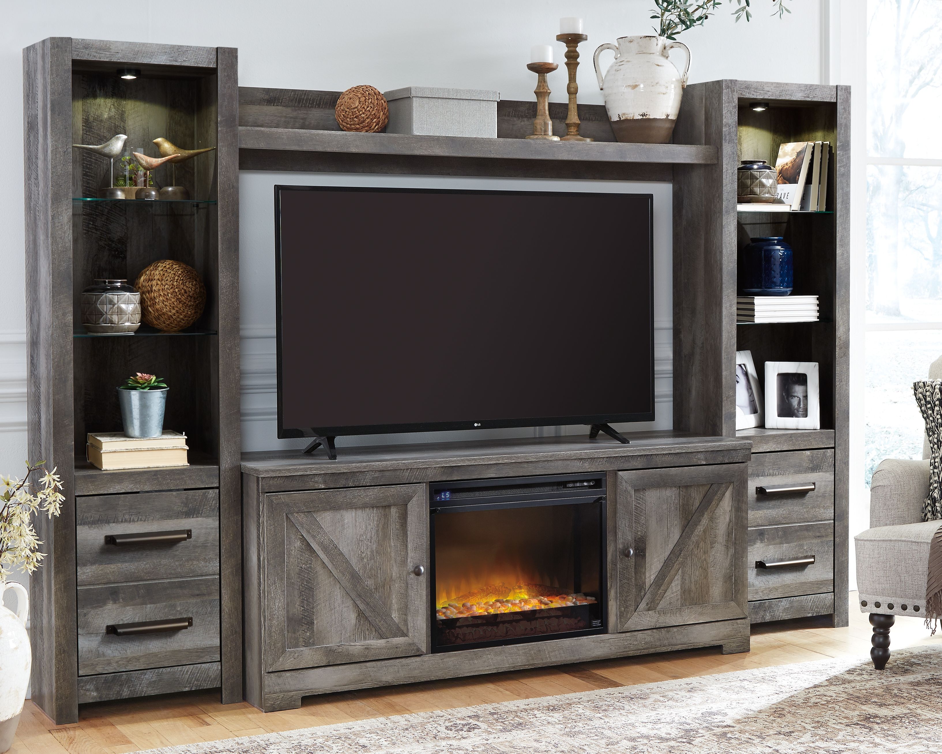 Ashley Furniture Wynnlow - 5 Pc. - Entertainment Center - 63" TV Stand With Fireplace Insert Glass/Stone - Gray - Image 3