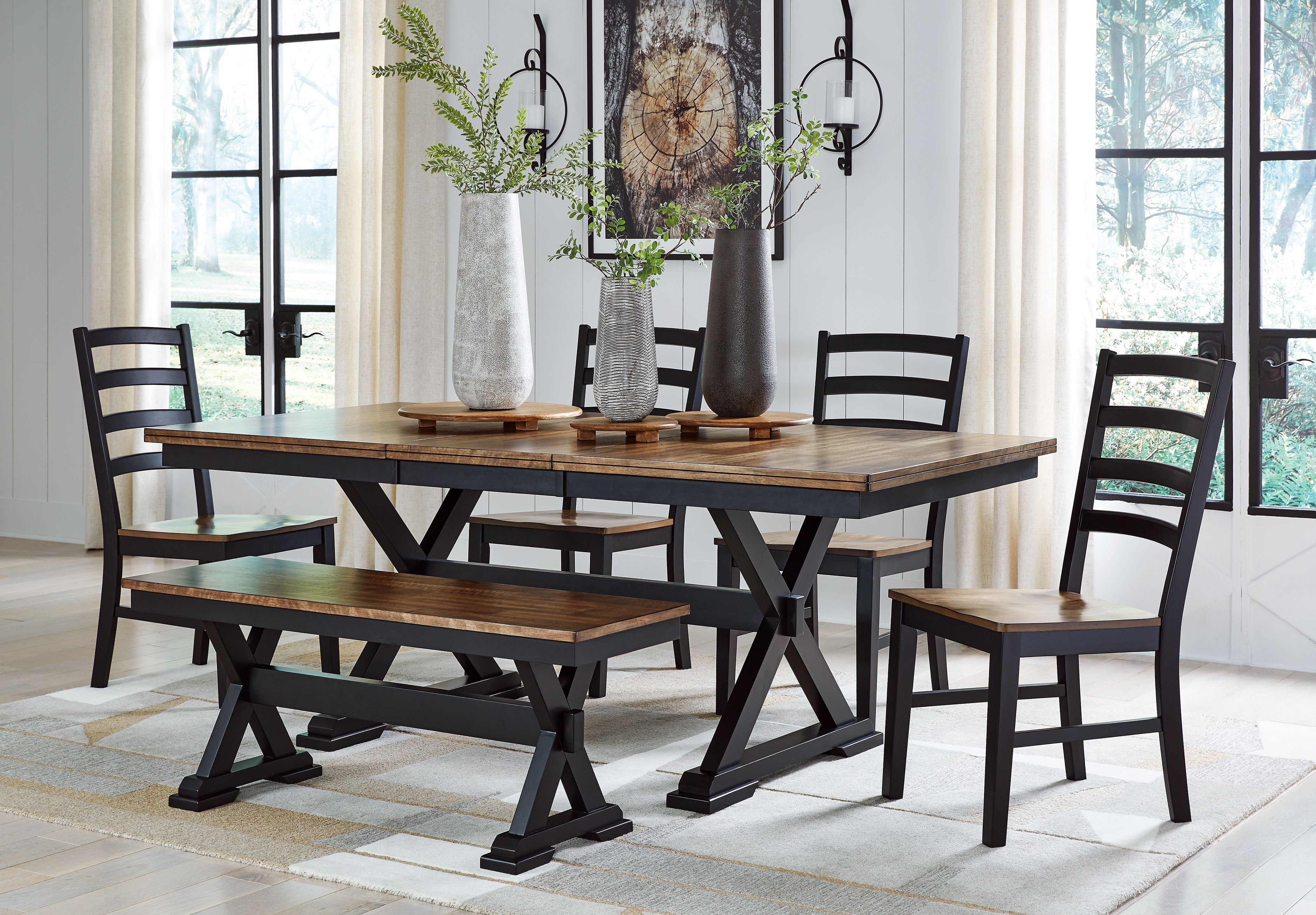 6 Pc · Extension Table, 4 Side Chairs, Bench