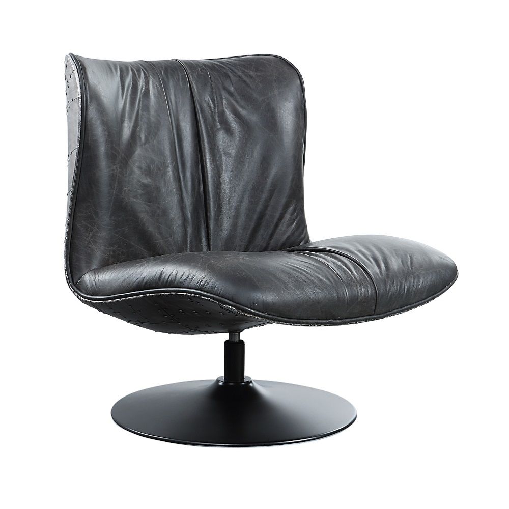 Piotr - Accent Chair With Swivel - Black Top Grain Leather, black, view 2