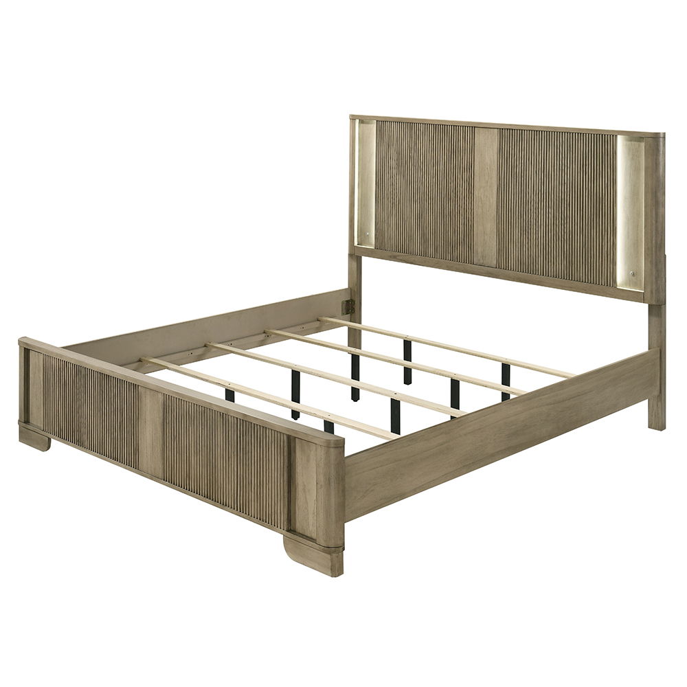 Lakkari - Queen Bed With LED - Antique Oak, light brown