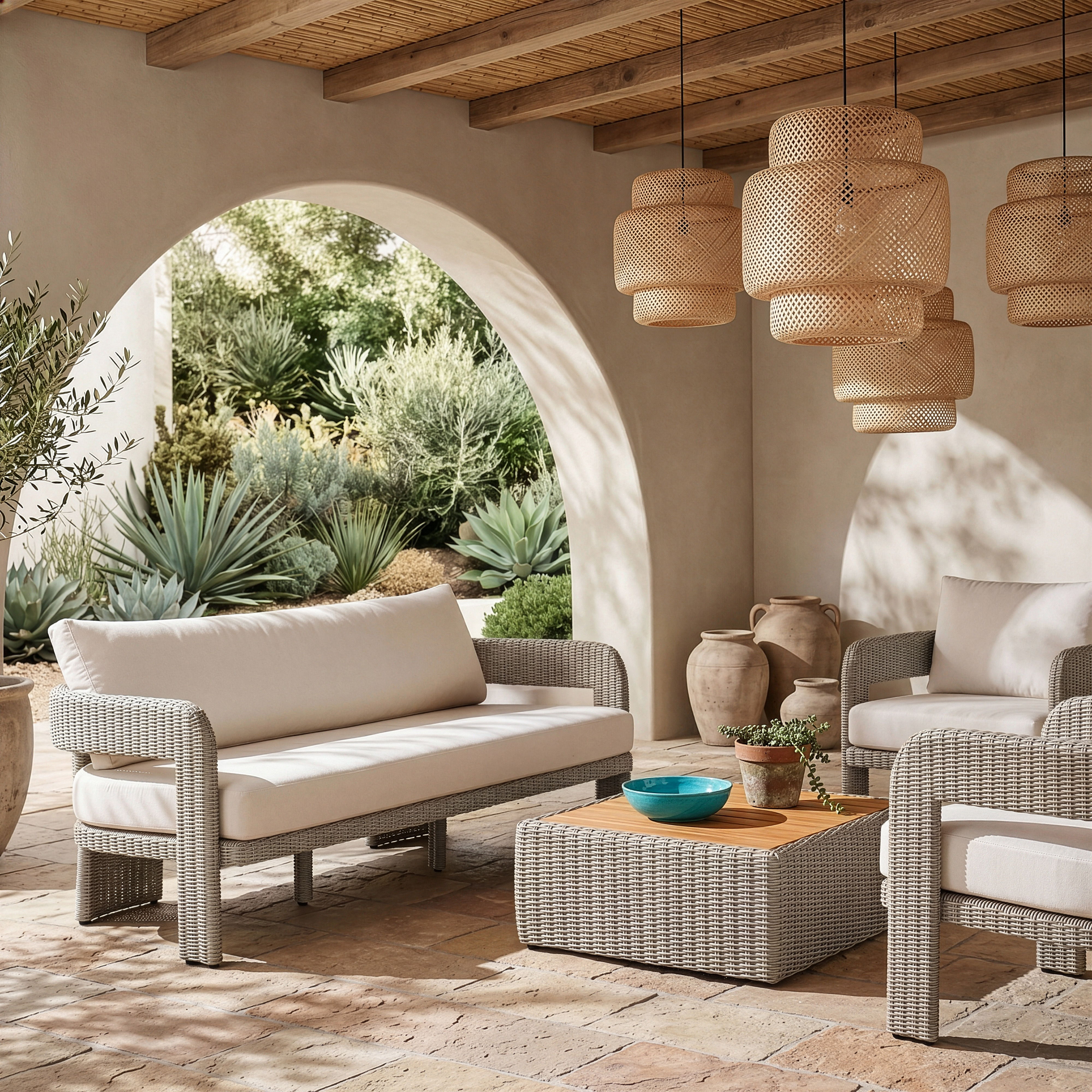 Sandbay - Olefin Water Resistant Fabric And Wicker Outdoor Patio Sofa - Cream