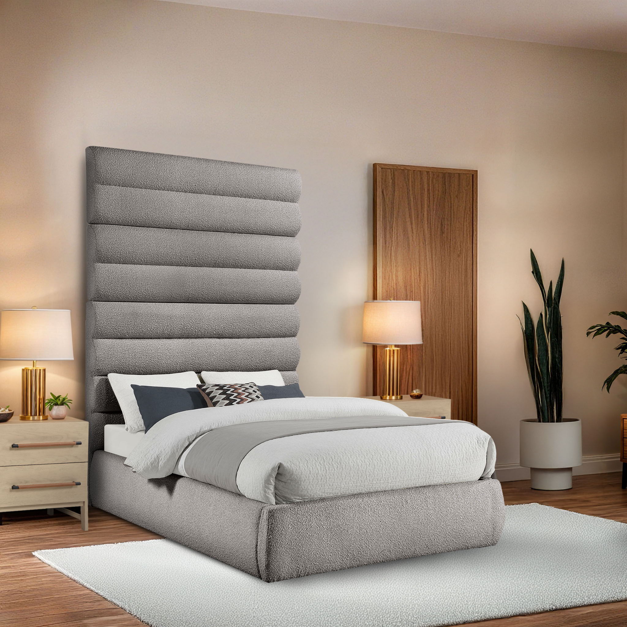 Adam - Boucle Fabric Full Bed With 89" Headboard - Taupe