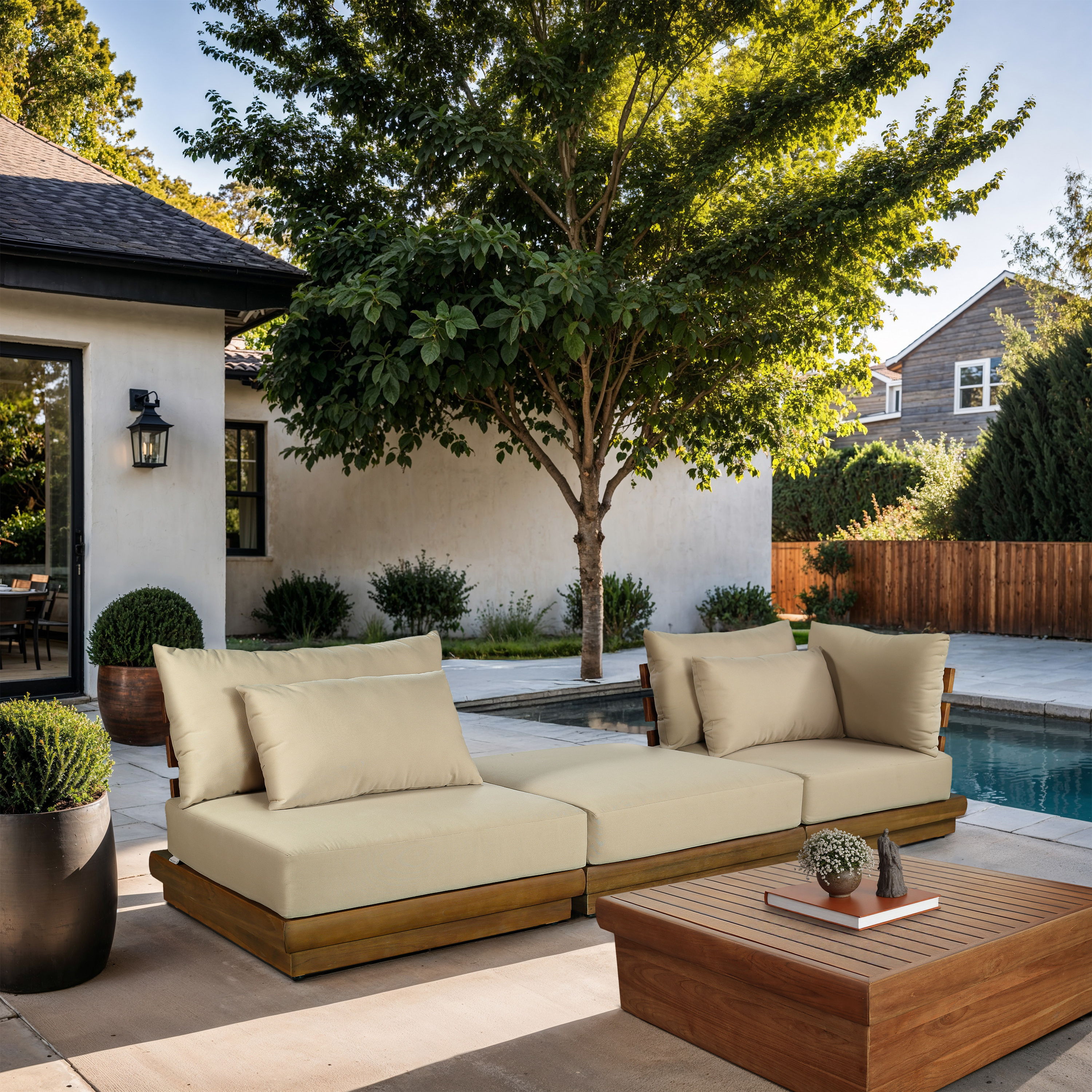 Mirella - 3 Piece Water Resistant Fabric 112" Upholstered Outdoor Patio Modular Sofa - Tan