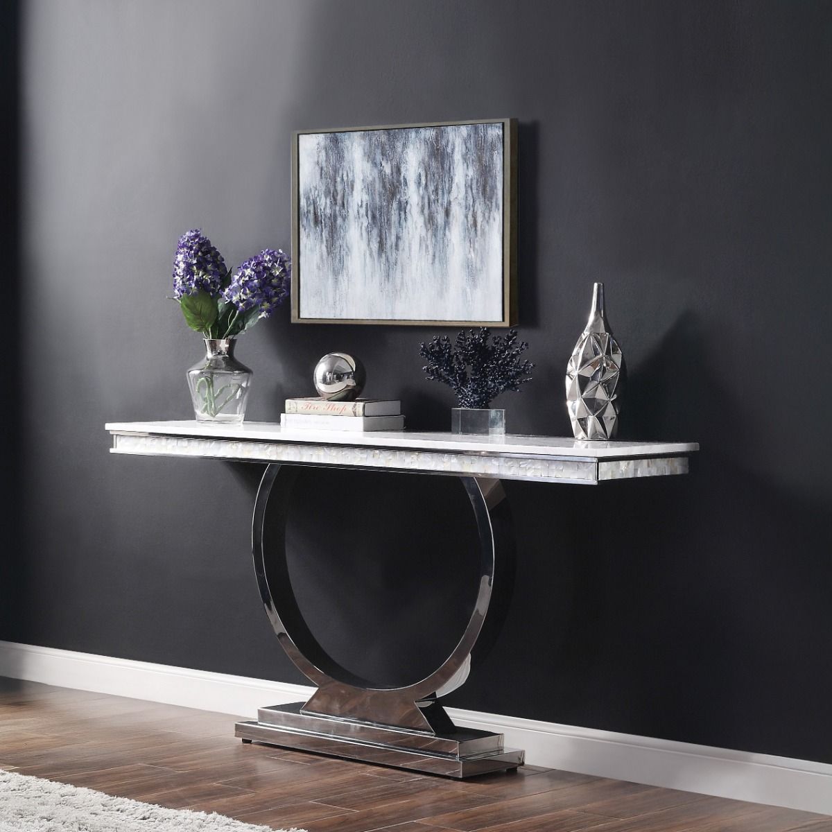 Zander - Sofa Table - White Printed Faux Marble Top & Mirrored Silver, white