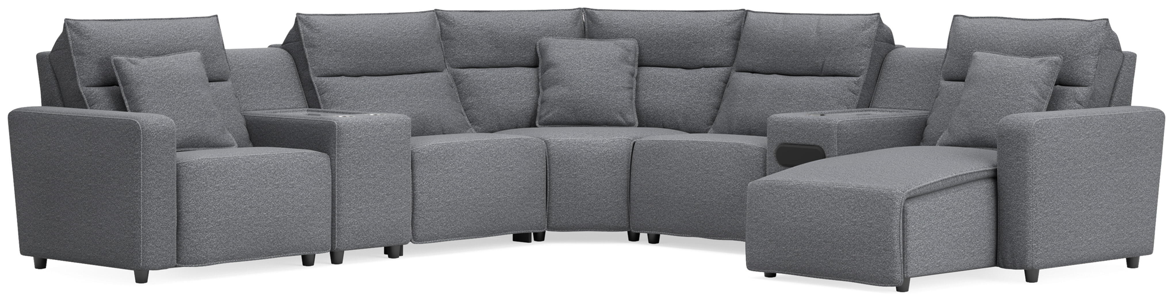 Modmax II - 7-Piece Power Reclining Sectional With RAF Press Back Power Chaise, Console And Audio System - Salt And Pepper