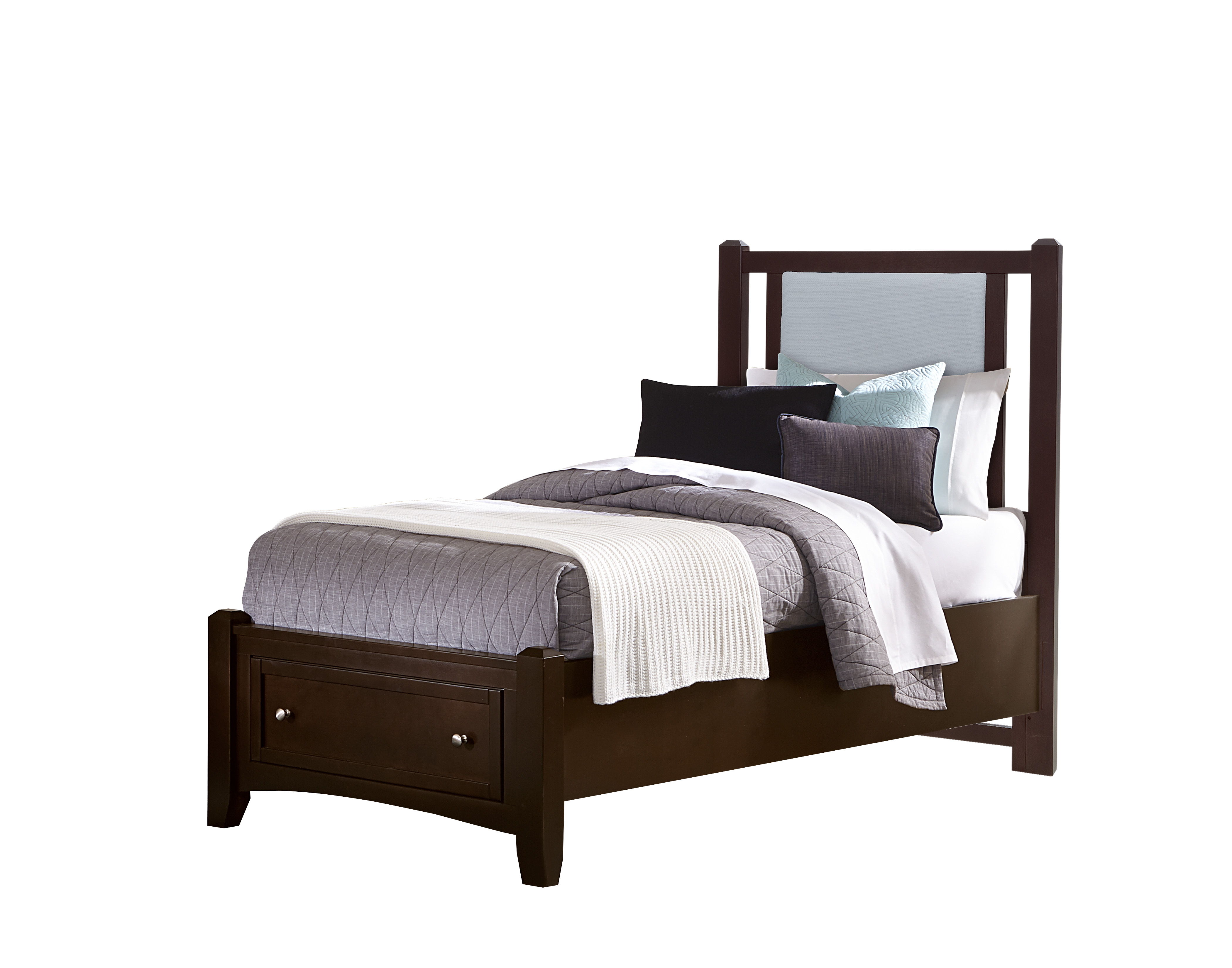 Vaughan-Bassett Bonanza - Twin Ocean Blue Upholstered Bed With Storage Footboard - Merlot