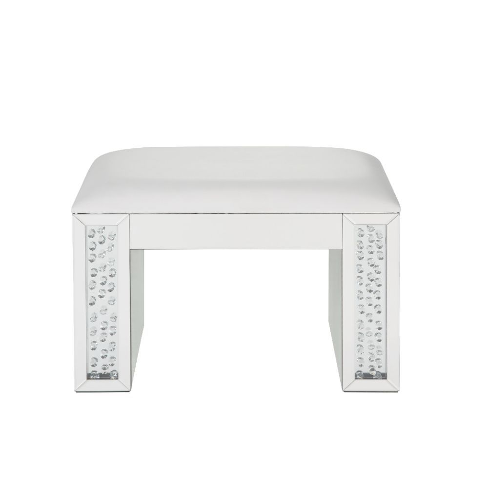 Nysa - Vanity Stool - Ivory Synthetic Leather , Mirrored & Faux Crystals, silver, view 2