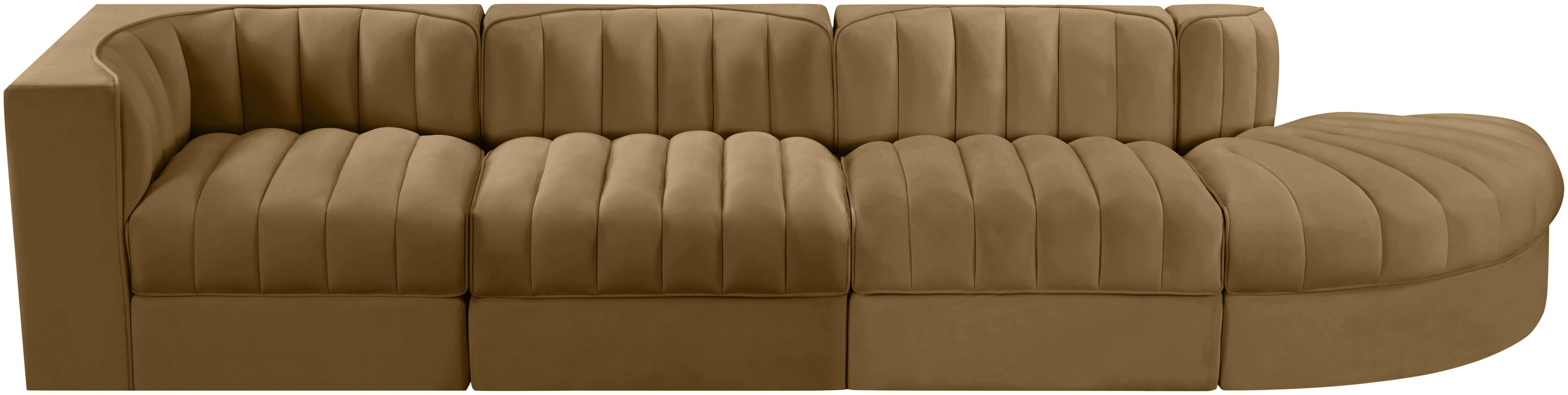 Rummi - Velvet Performance Fabric Upholstered 4 Piece Modular Sectional With Reverse Corner Chair - Saddle