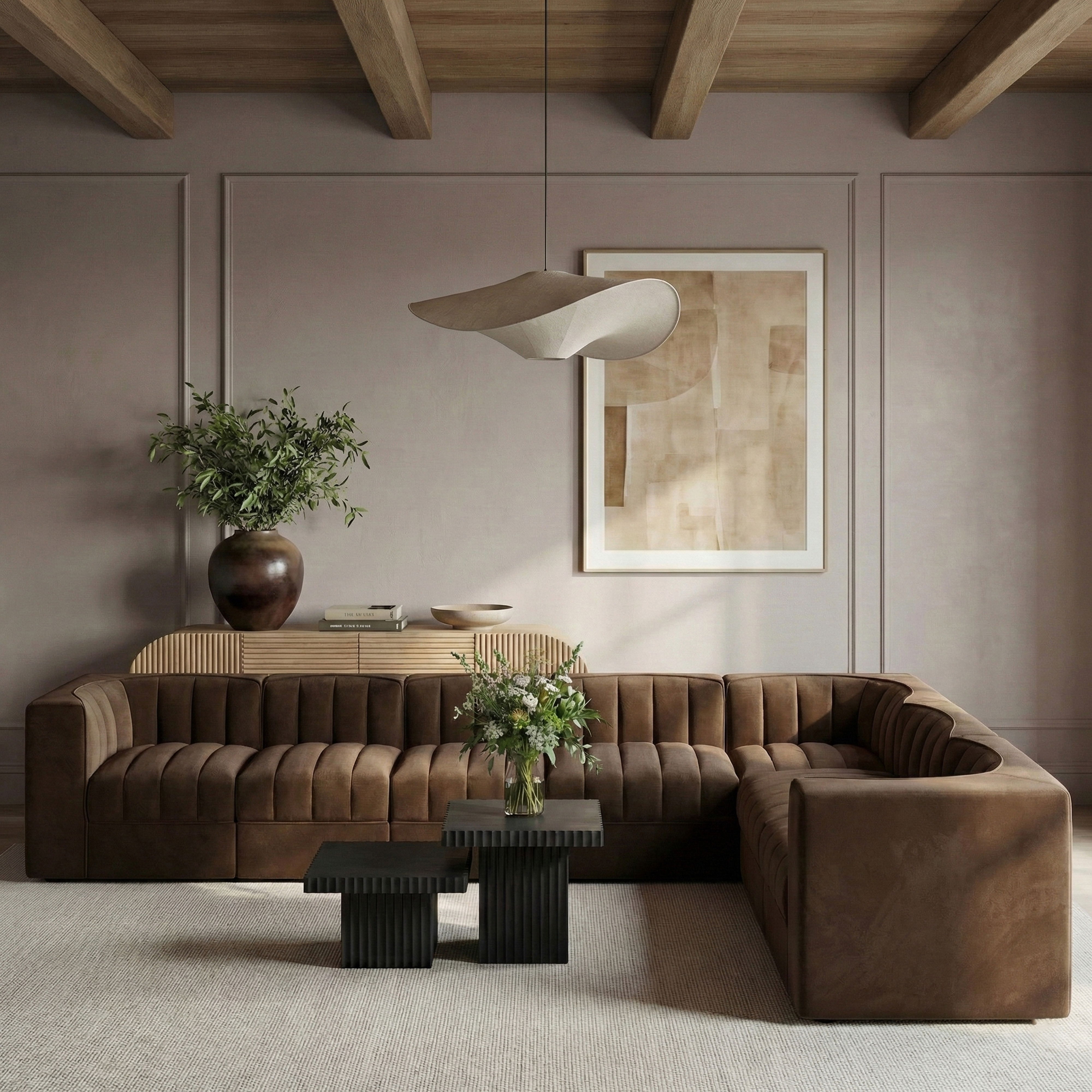 Rummi - Velvet Performance Fabric Upholstered 7 Piece Modular Sectional (With 3 Corner Chairs) - Brown