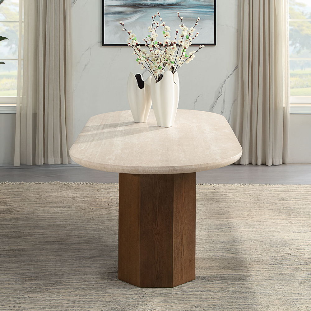 Leonardo - Dining Table - Travertine Top & Dark Oak, dark brown