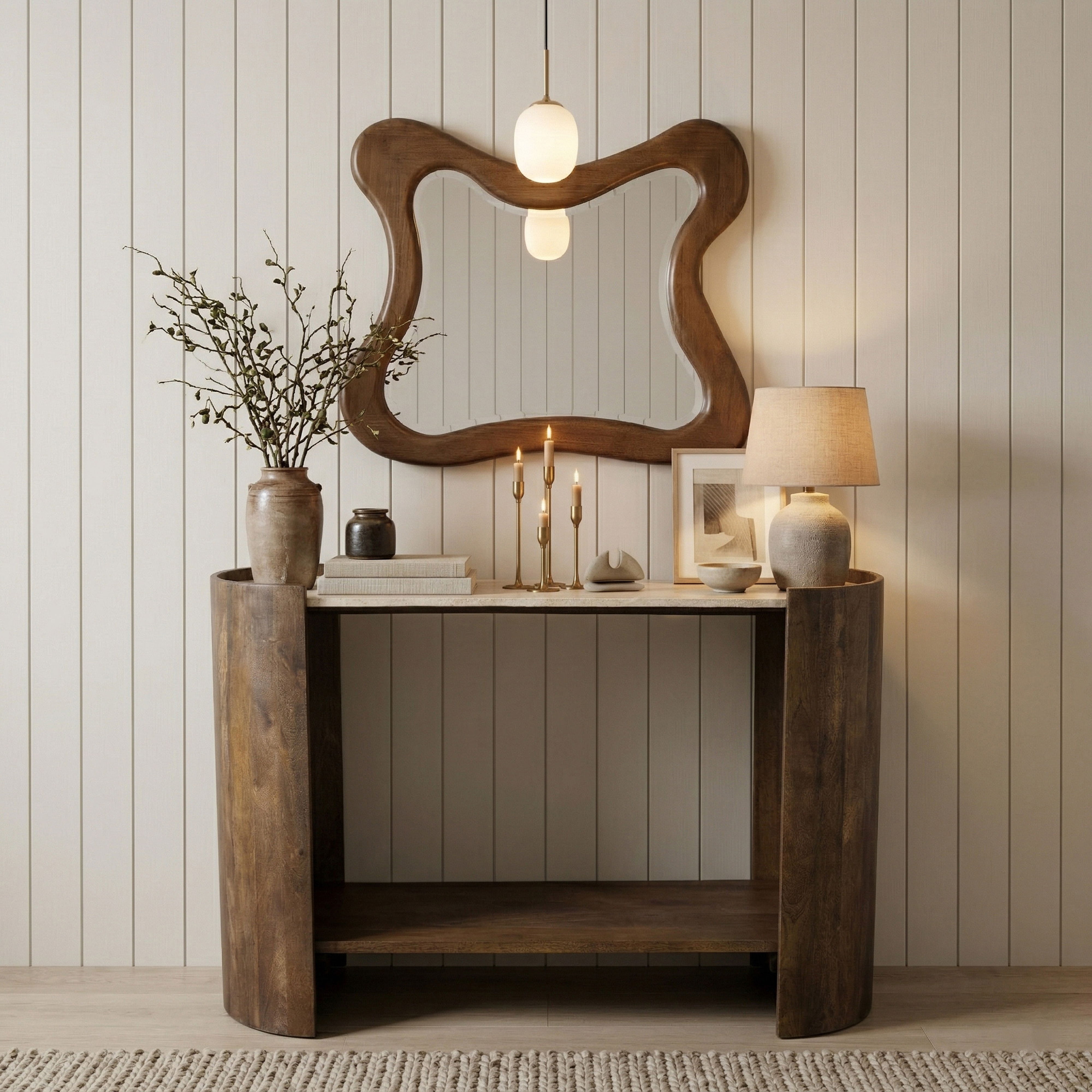 Solstice - Travertine And Mango Wood Console Table - Brown / Beige