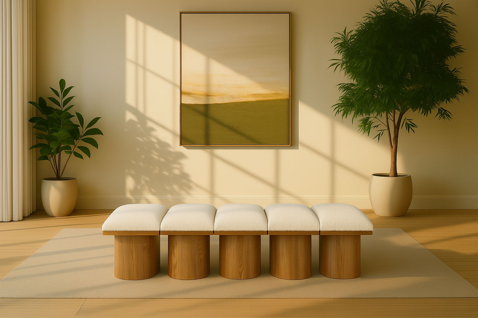 Pavilion - 77.5" 5 Piece Modular Bench With Brown Base - Cream