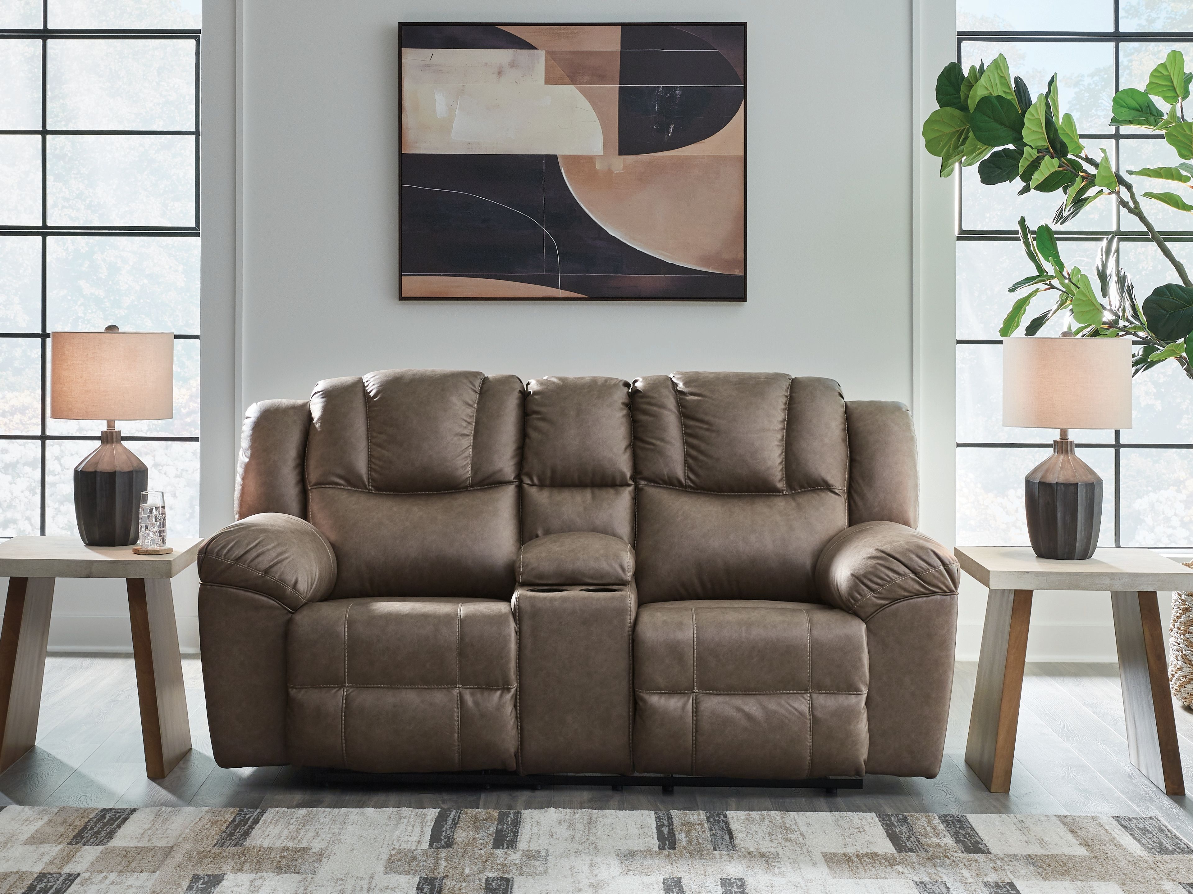 Ashley Furniture Lowilla - Double Reclining Loveseat With Console - Driftwood - Image 2
