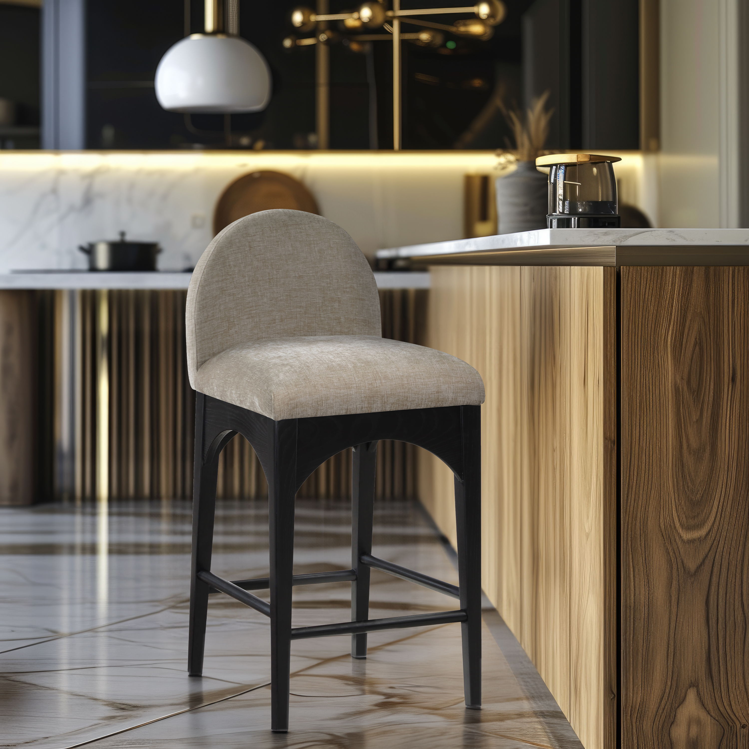 Waldorf - Chenille Stool With Black Legs - Beige