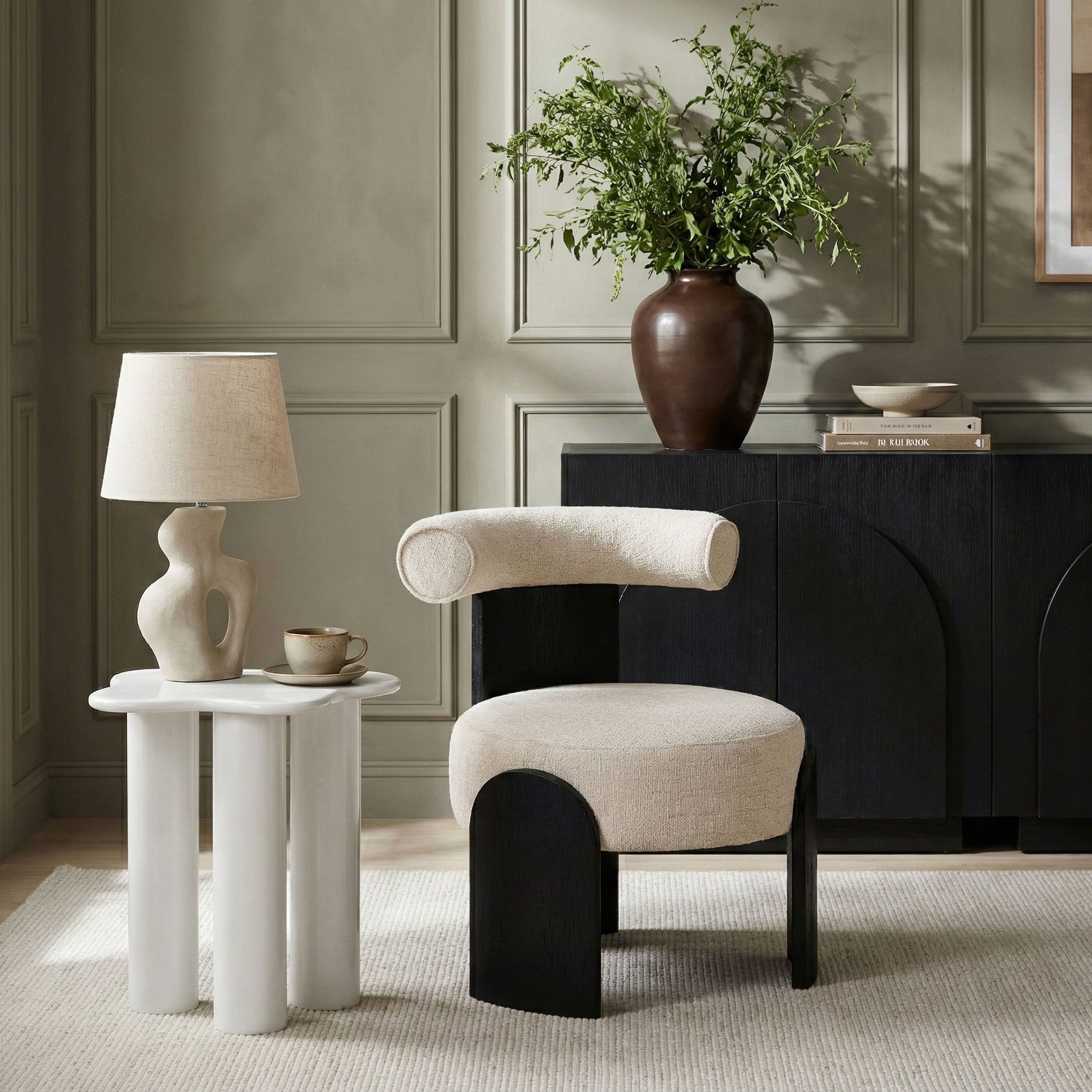 Calder - Linen Textured Fabric Upholstered Accent Chair - Beige / Painted Black