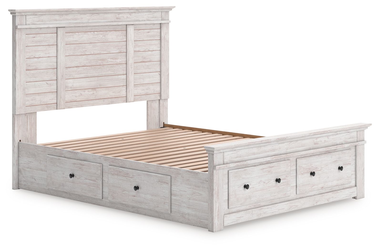 Makidern - Queen Panel Storage Bed With Under Bed Storage Unit And Storage Footboard - Whitewash