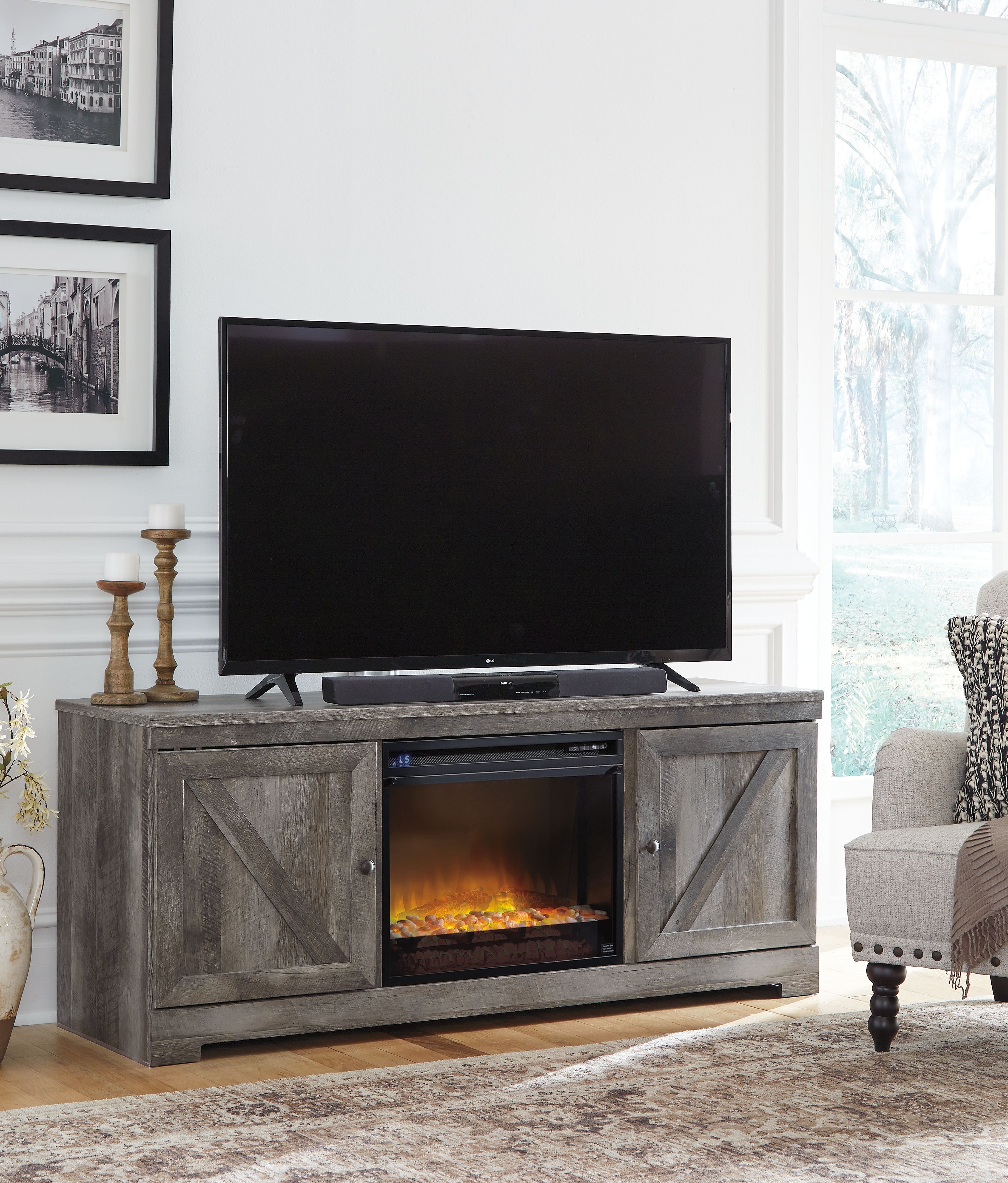 Wynnlow Gray 63″ TV Stand With Glass/Stone Fireplace Insert New Lots Furniture Online Store