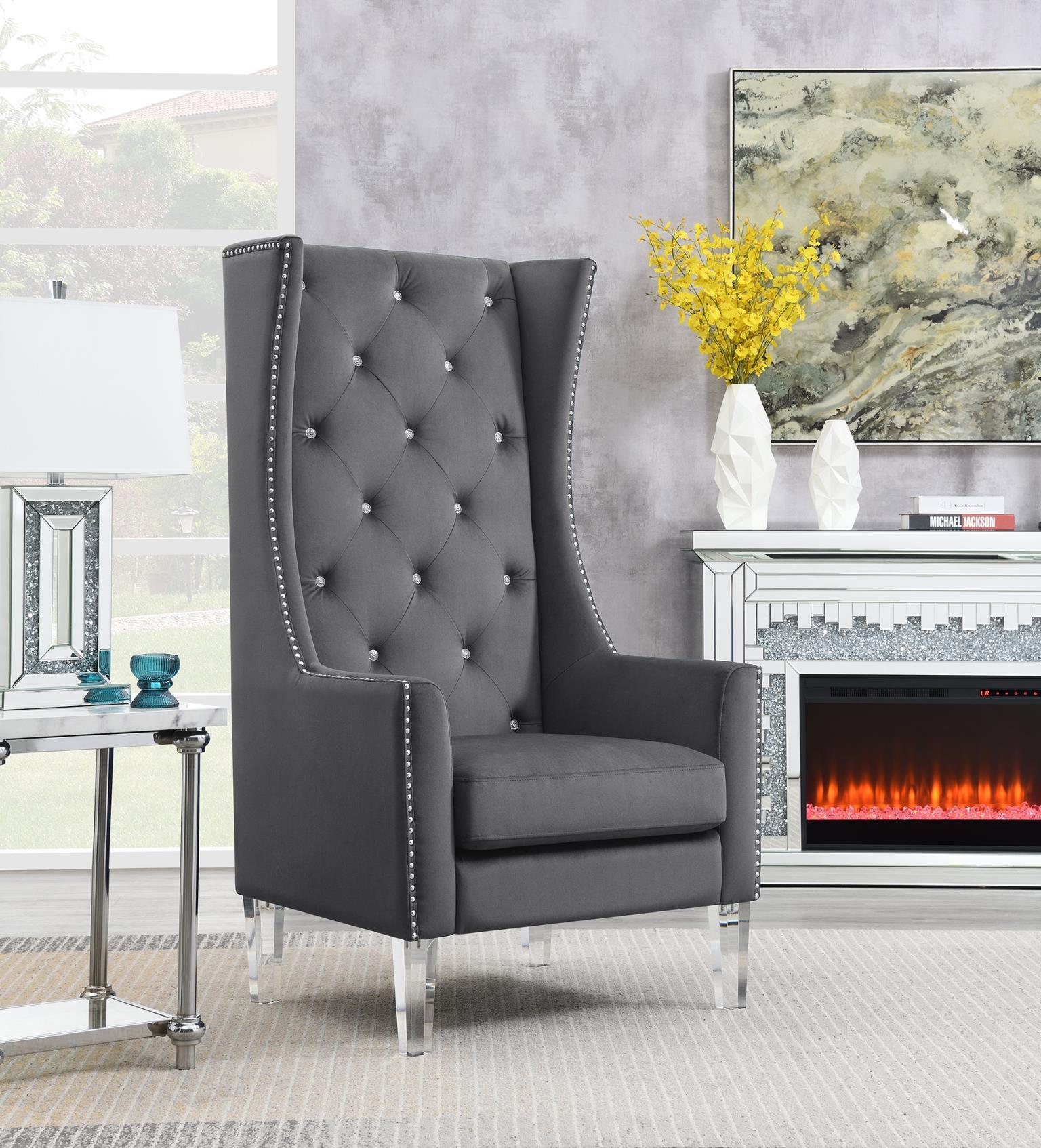 D2091 - High Back Velvet Wing Chair With Acrylic Legs - Gray